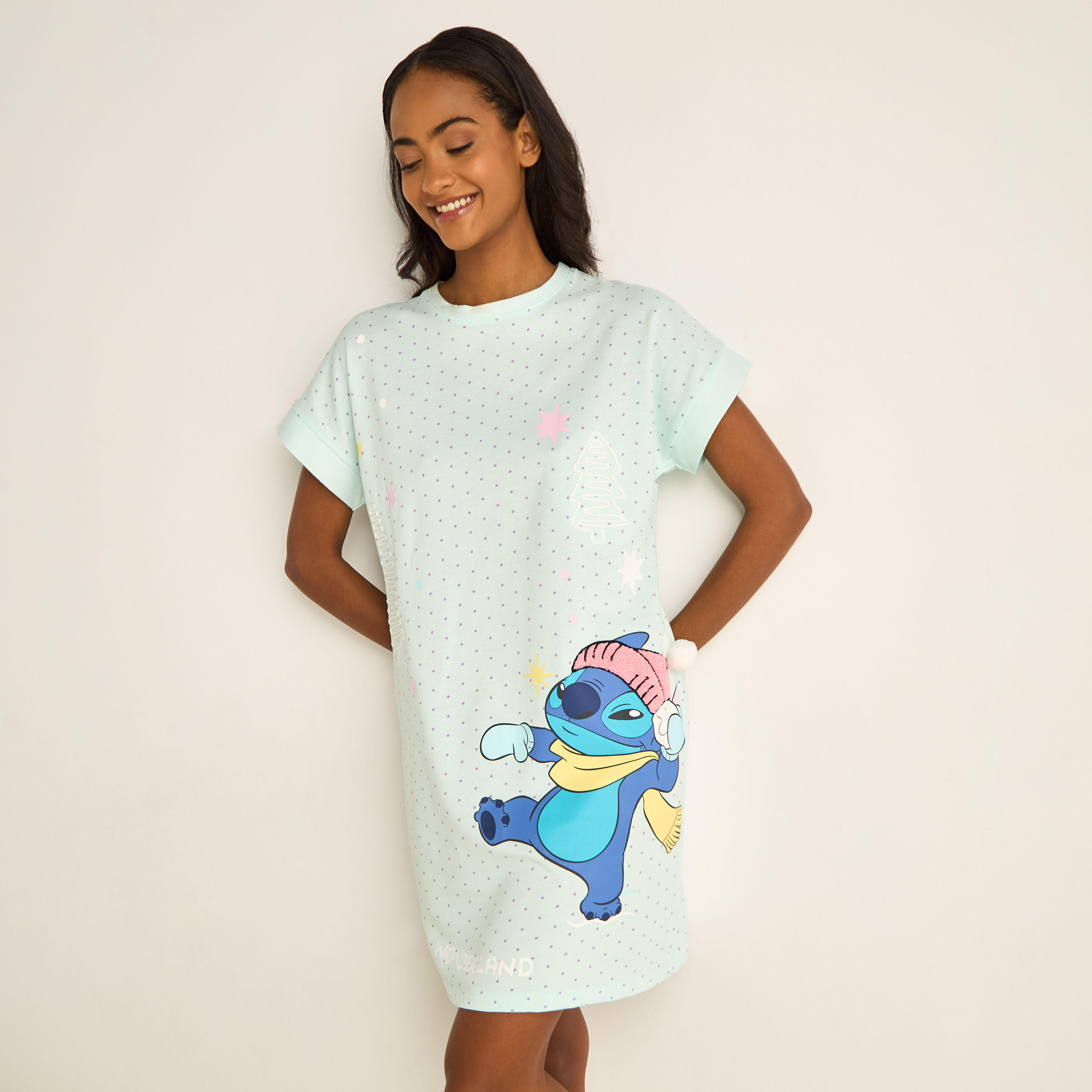 Stitch Print Nighty Cotton with Crew Neck-women-clothing-nightwear-nighties-image-2