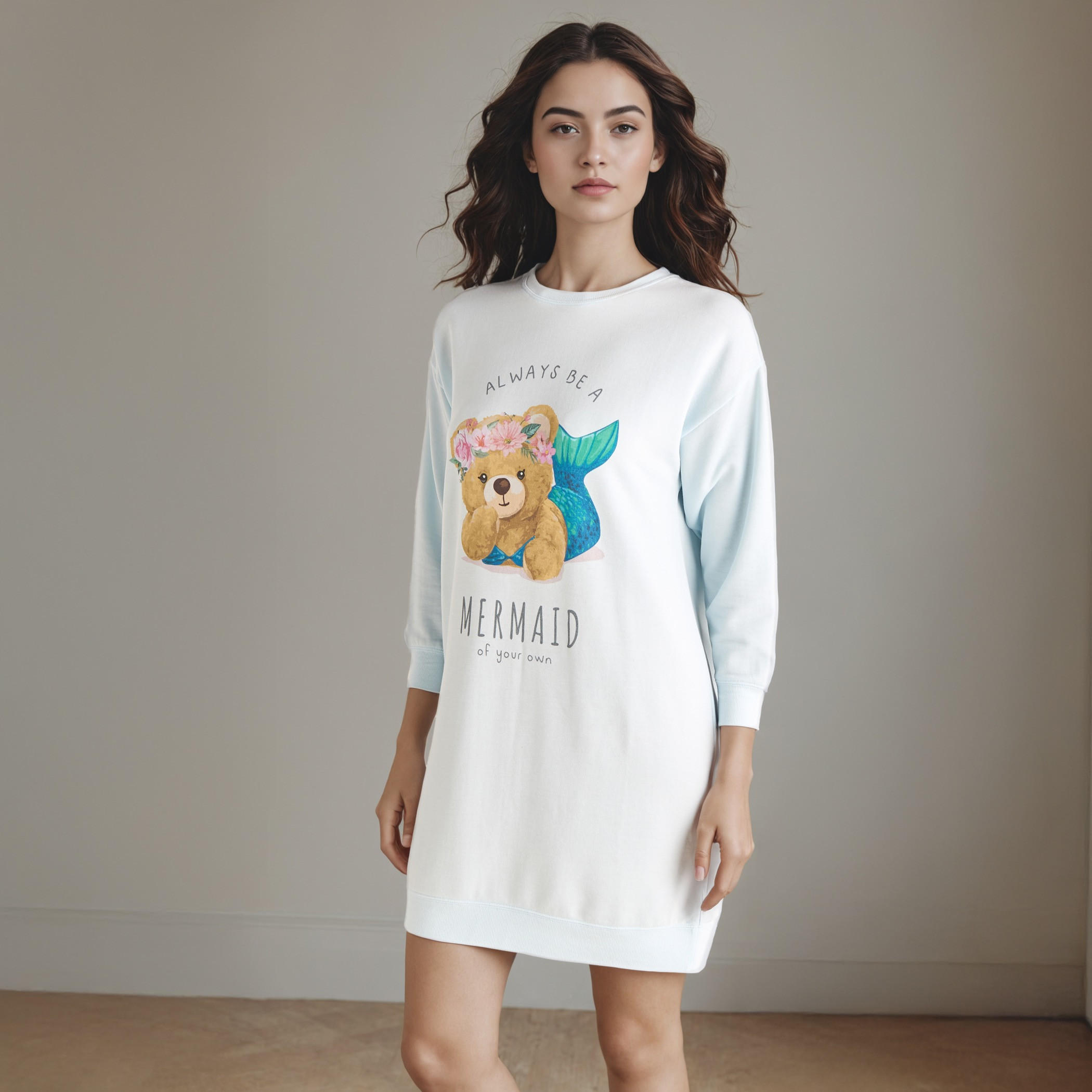 Mermaid Bear Print Sleepshirt with Long Sleeves-women-clothing-nightwear-nighties-image-5