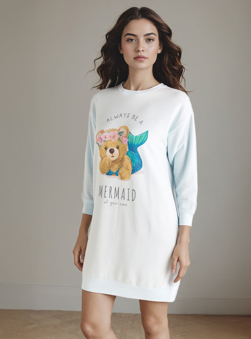 Mermaid Bear Print Sleepshirt with Long Sleeves-women-clothing-nightwear-nighties-image-5