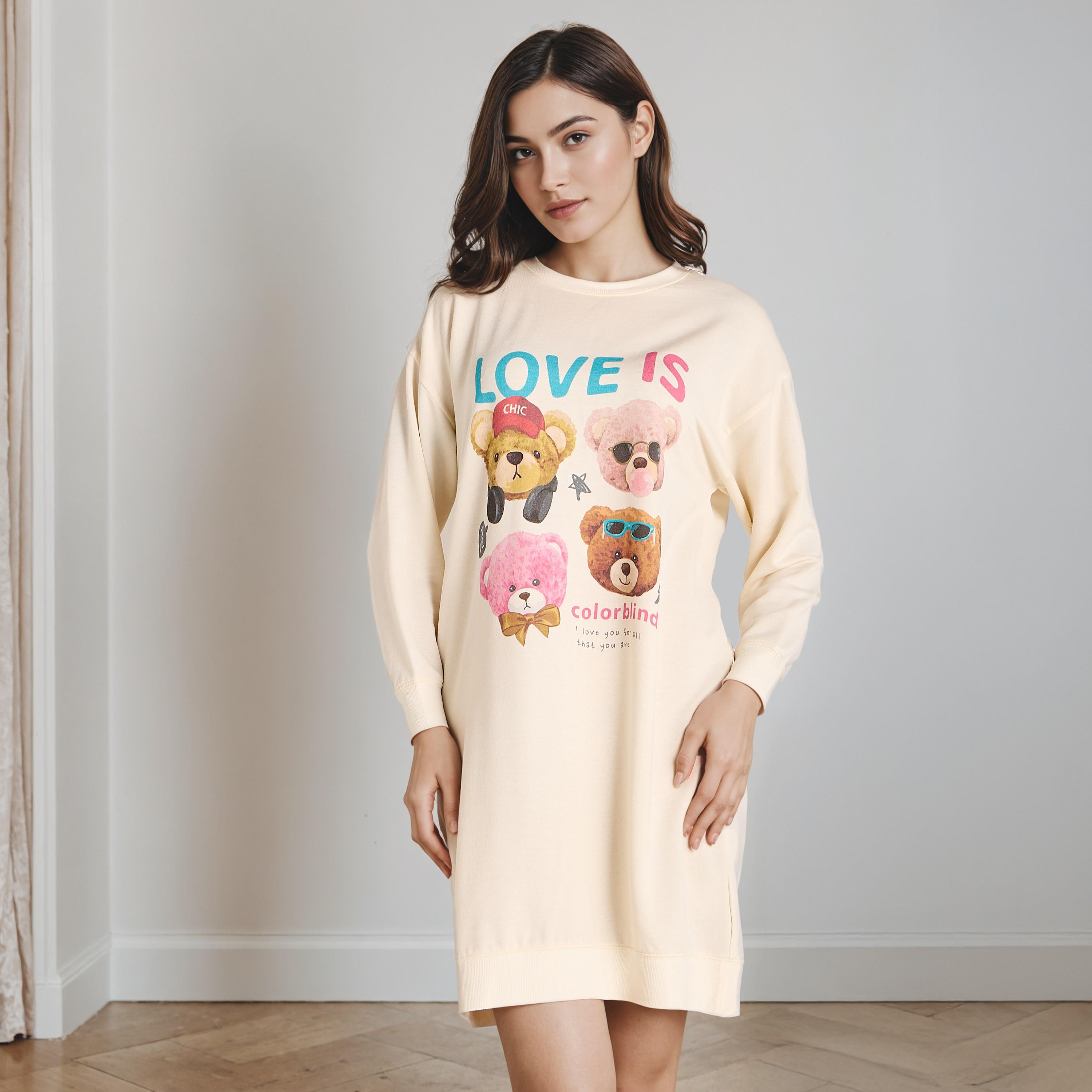 Mermaid Bear Print Sleepshirt with Long Sleeves-women-clothing-nightwear-nighties-image-1