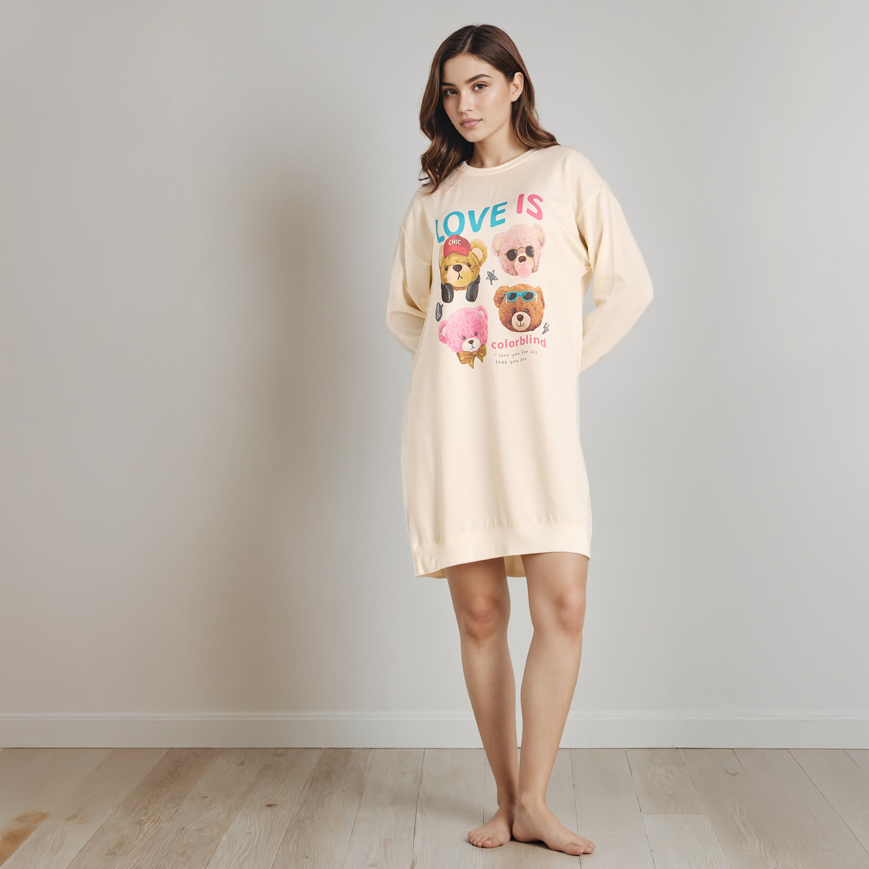Mermaid Bear Print Sleepshirt with Long Sleeves-women-clothing-nightwear-nighties-image-2