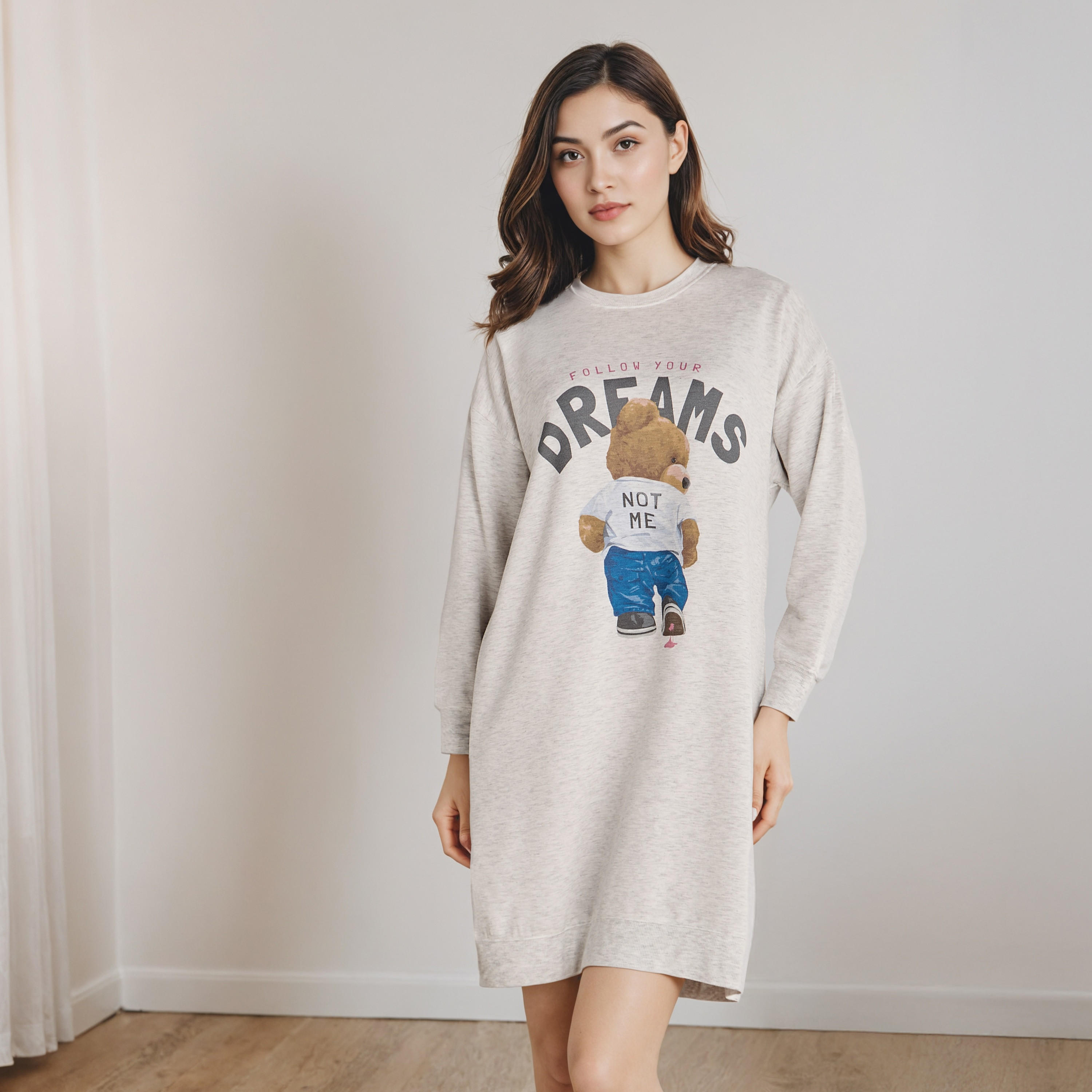 Mermaid Bear Print Sleepshirt with Long Sleeves-women-clothing-nightwear-nighties-image-1