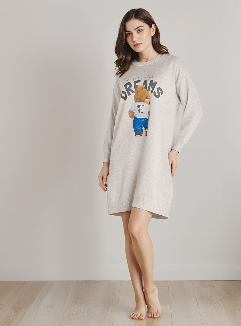 Mermaid Bear Print Sleepshirt with Long Sleeves-women-clothing-nightwear-nighties-image-2