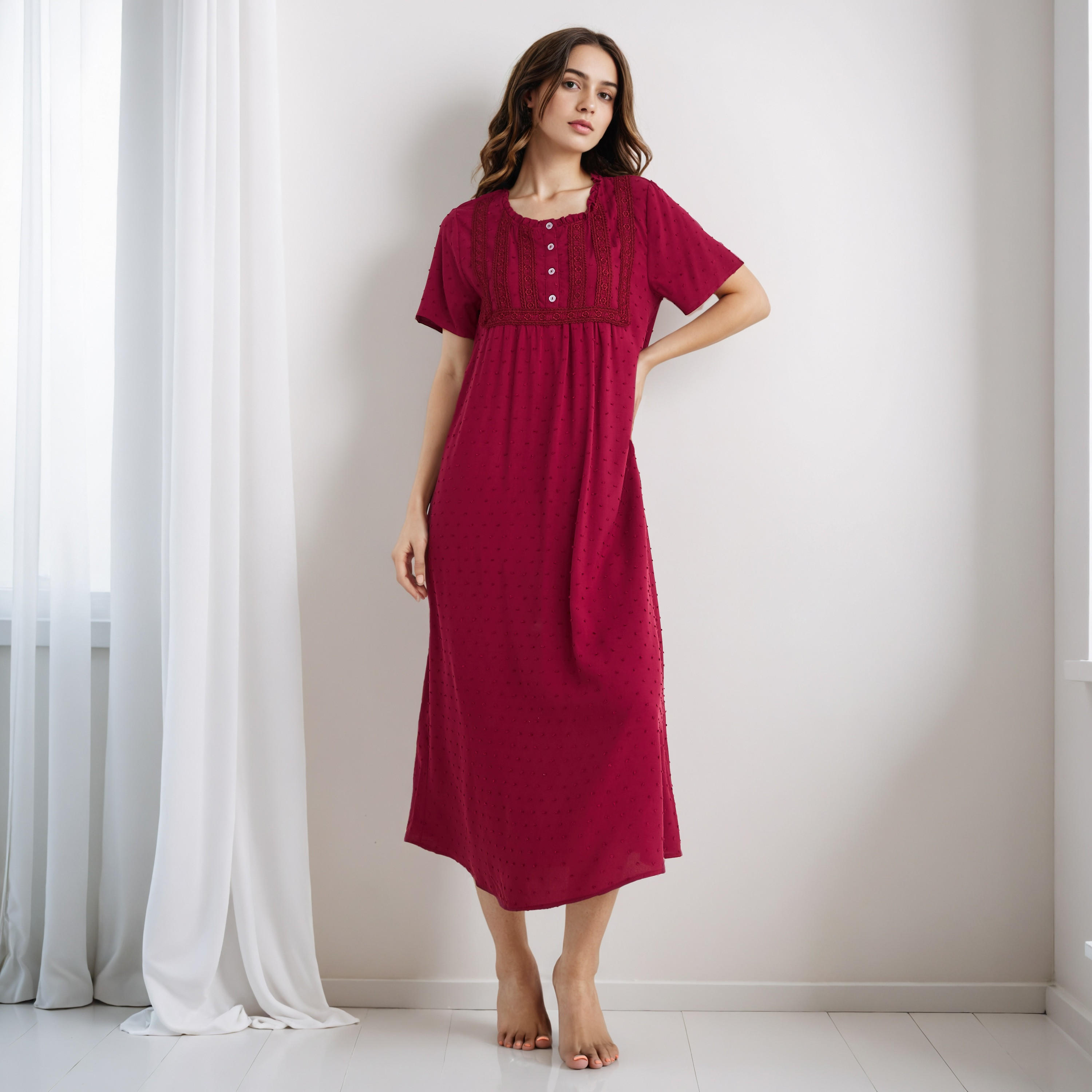 Night Dress Short Sleeves with Lace Detail-women-clothing-nightwear-nighties-image-2