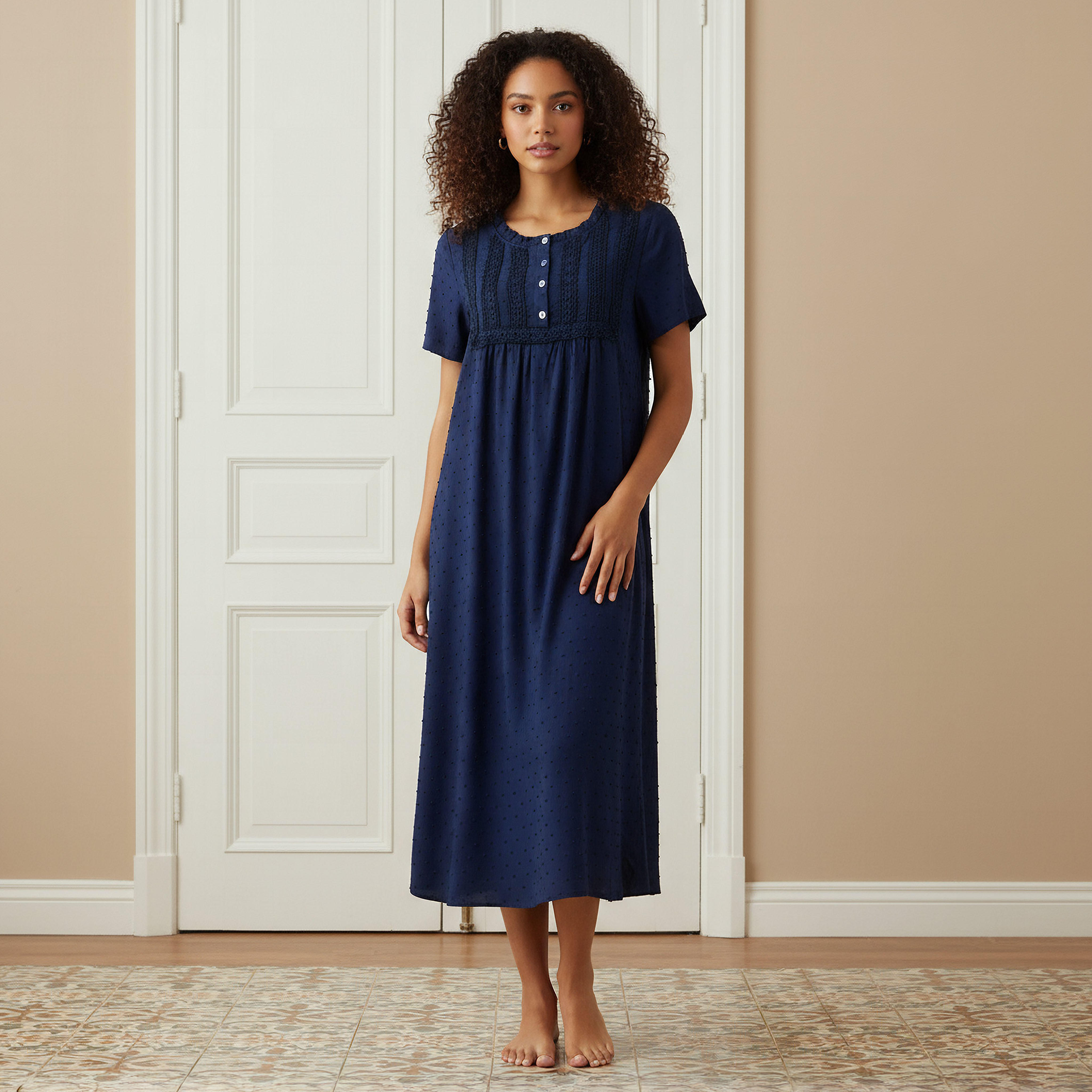 Night Dress Short Sleeves with Lace Detail-women-clothing-nightwear-nighties-image-1