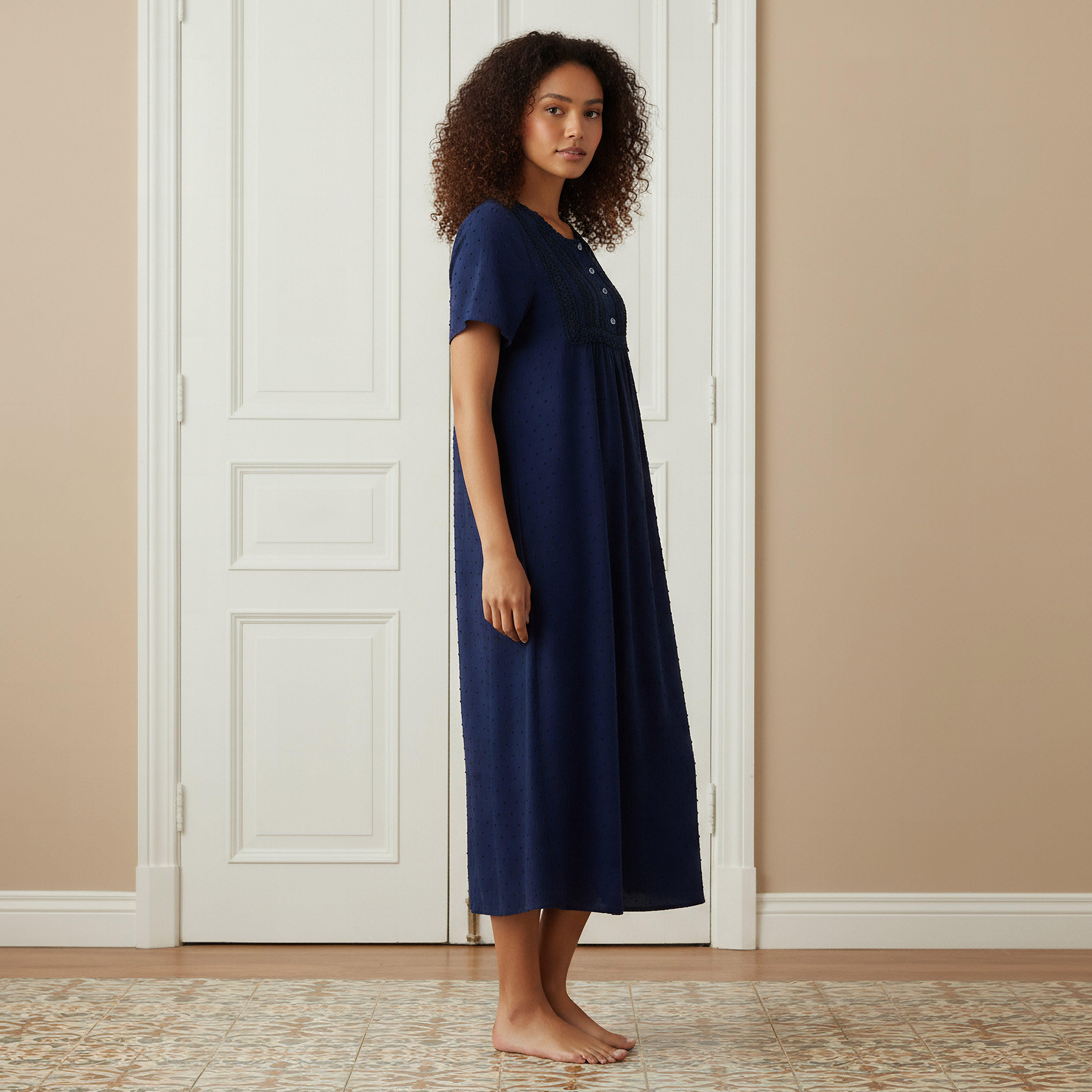 Night Dress Short Sleeves with Lace Detail-women-clothing-nightwear-nighties-image-2