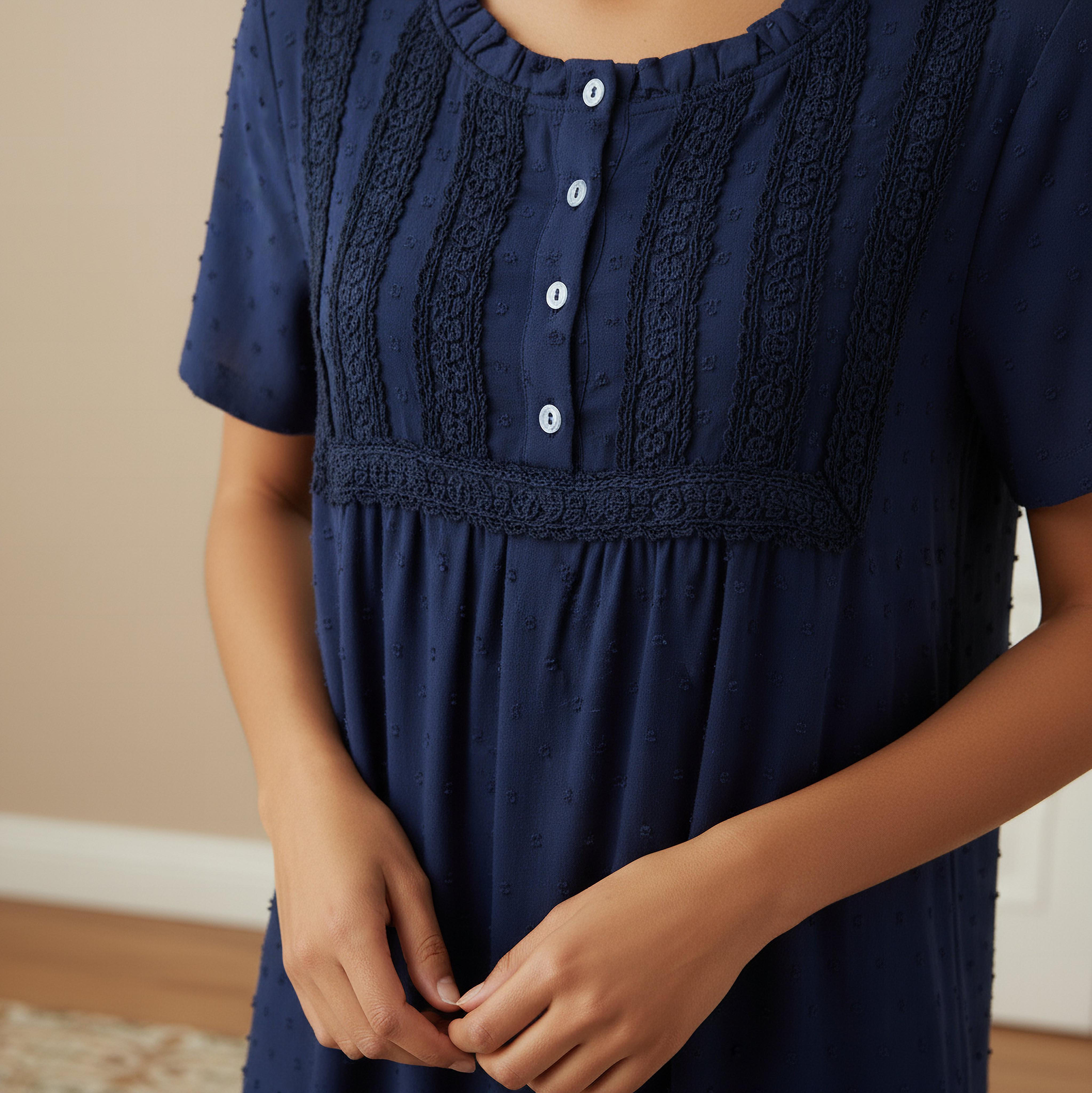 Night Dress Short Sleeves with Lace Detail-women-clothing-nightwear-nighties-image-4