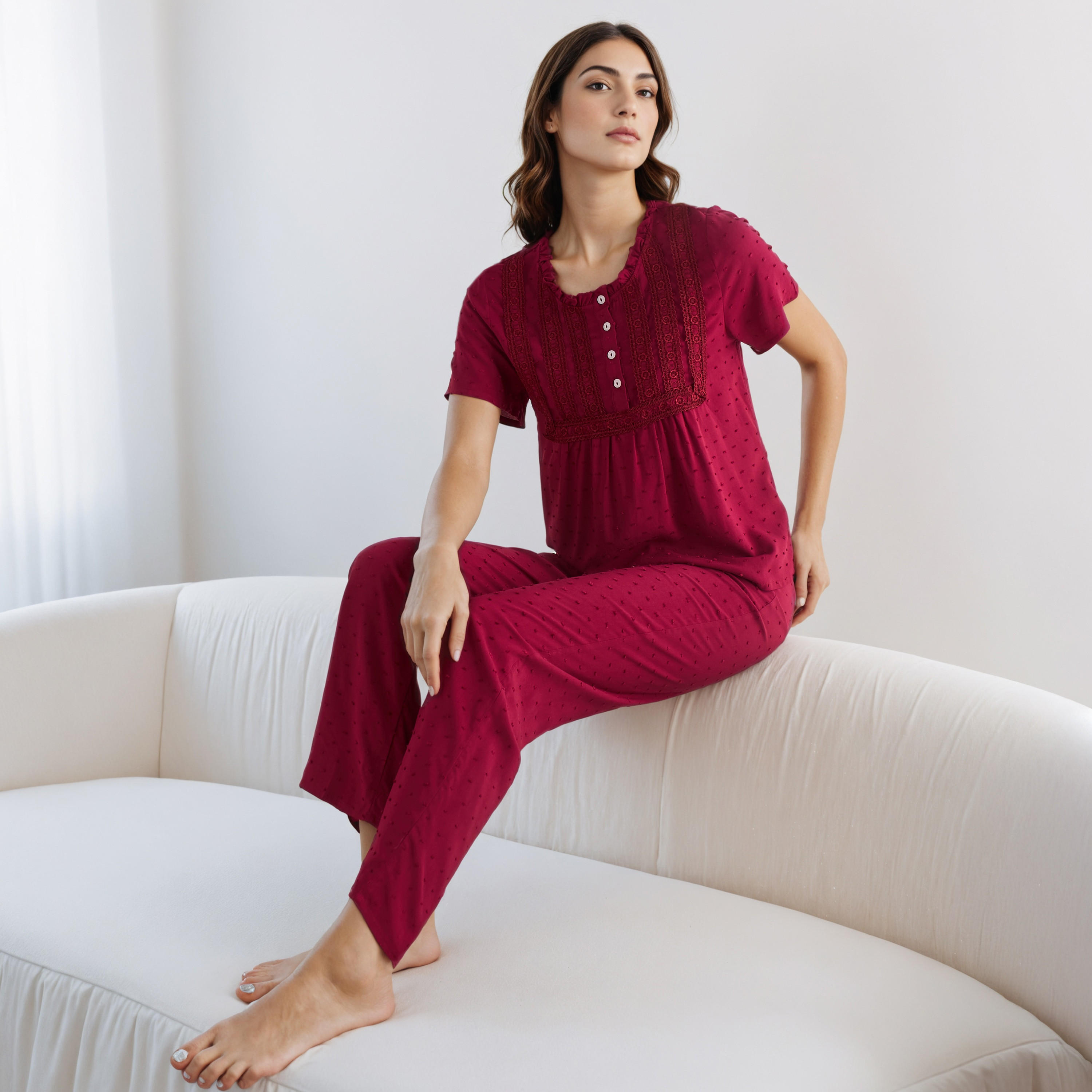 طقم بيجاما رايون بلوزة بأزرار وبنطلون-women-clothing-nightwear-pyjamas-longsets-image-1
