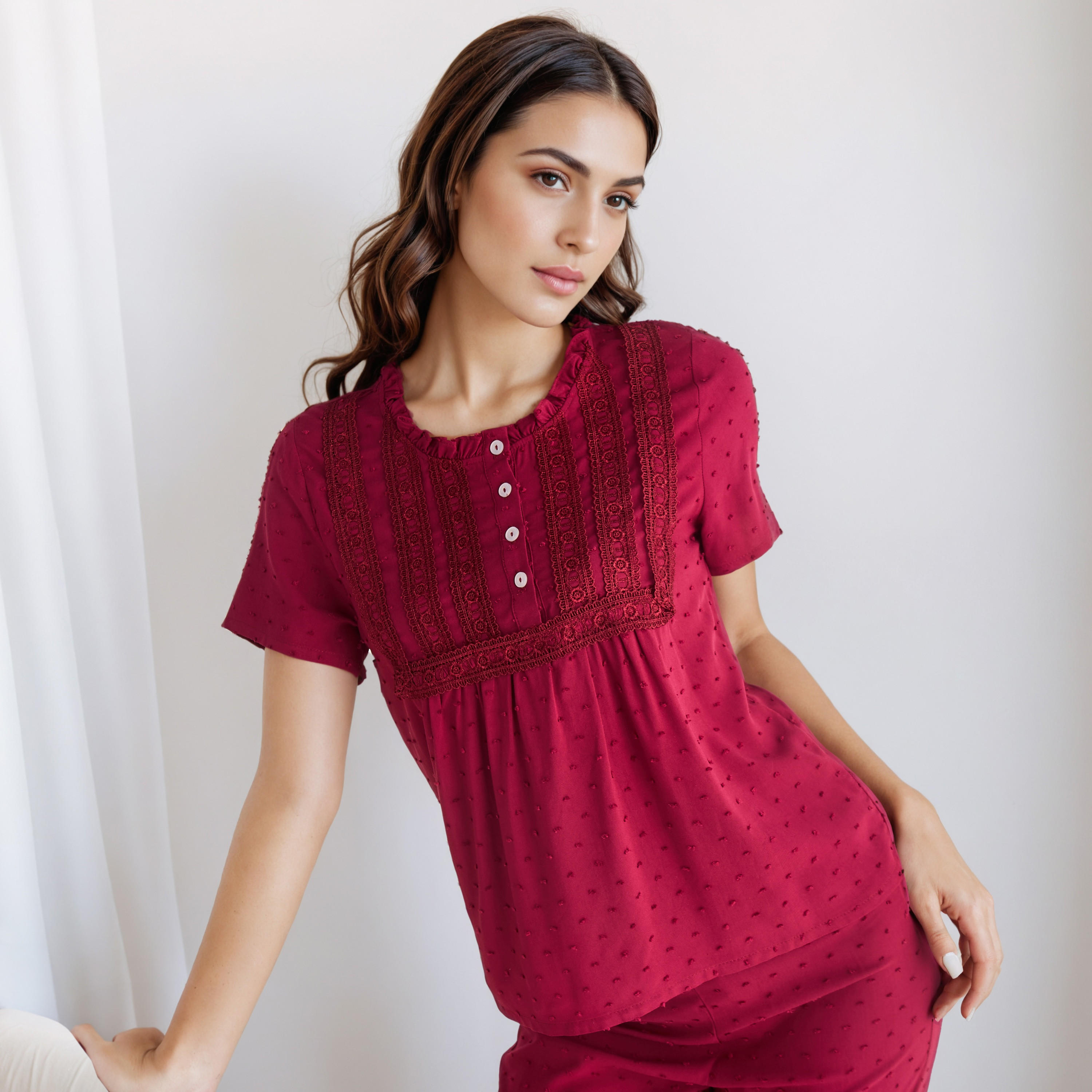 طقم بيجاما رايون بلوزة بأزرار وبنطلون-women-clothing-nightwear-pyjamas-longsets-image-2