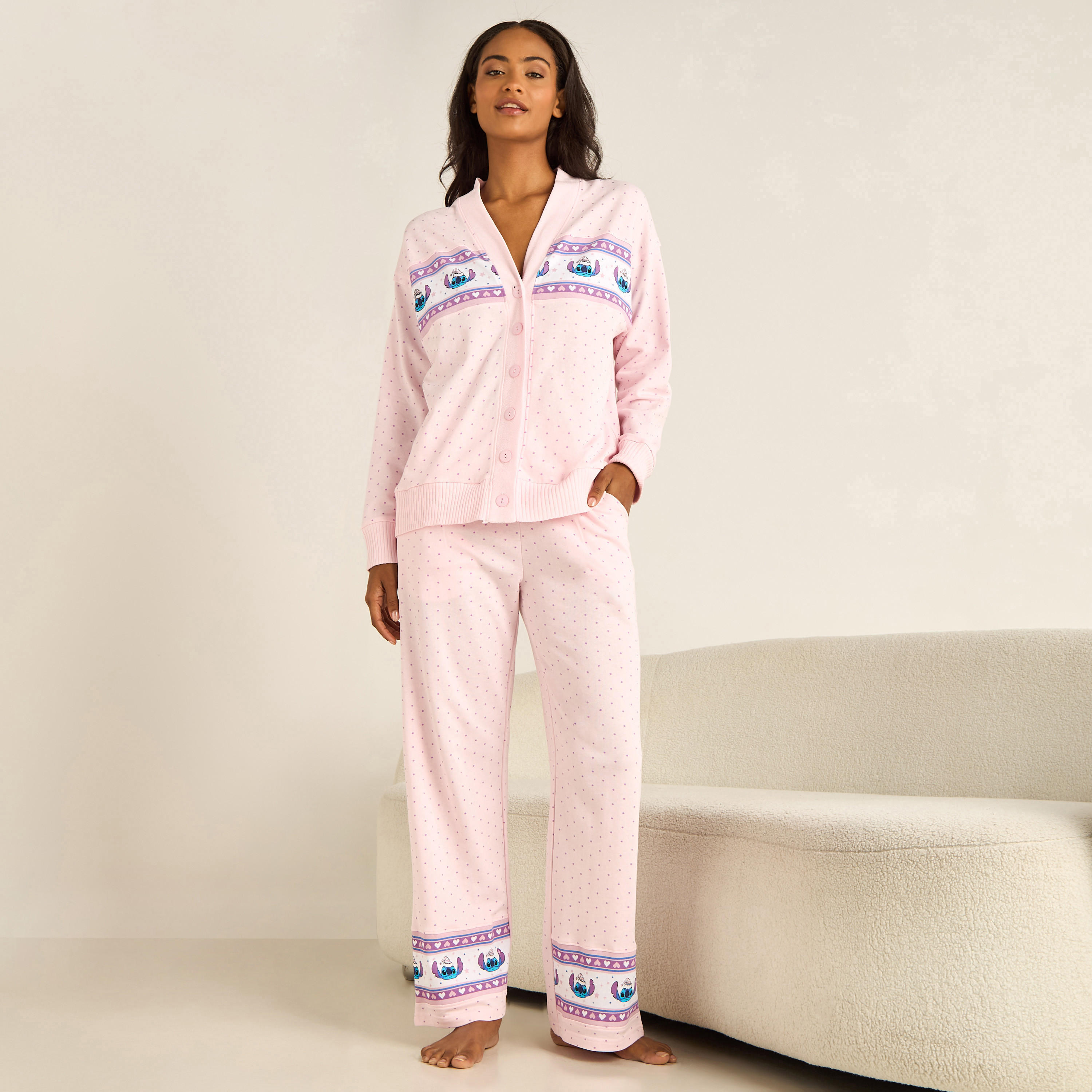 Stitch Print Pyjama Set Button-Down Shirt & Trousers-women-clothing-nightwear-pyjamas-longsets-image-1