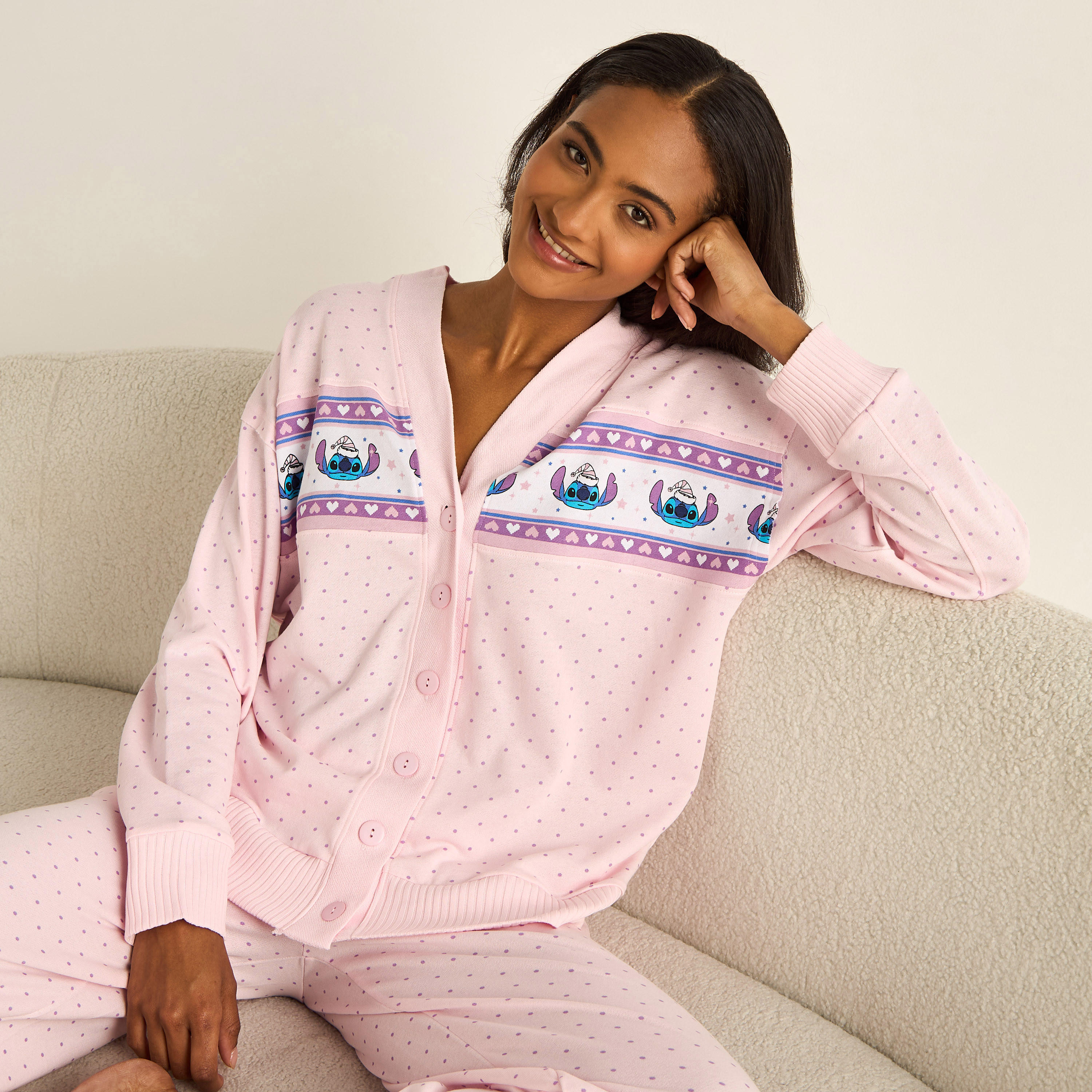 Stitch Print Pyjama Set Button-Down Shirt & Trousers-women-clothing-nightwear-pyjamas-longsets-image-2