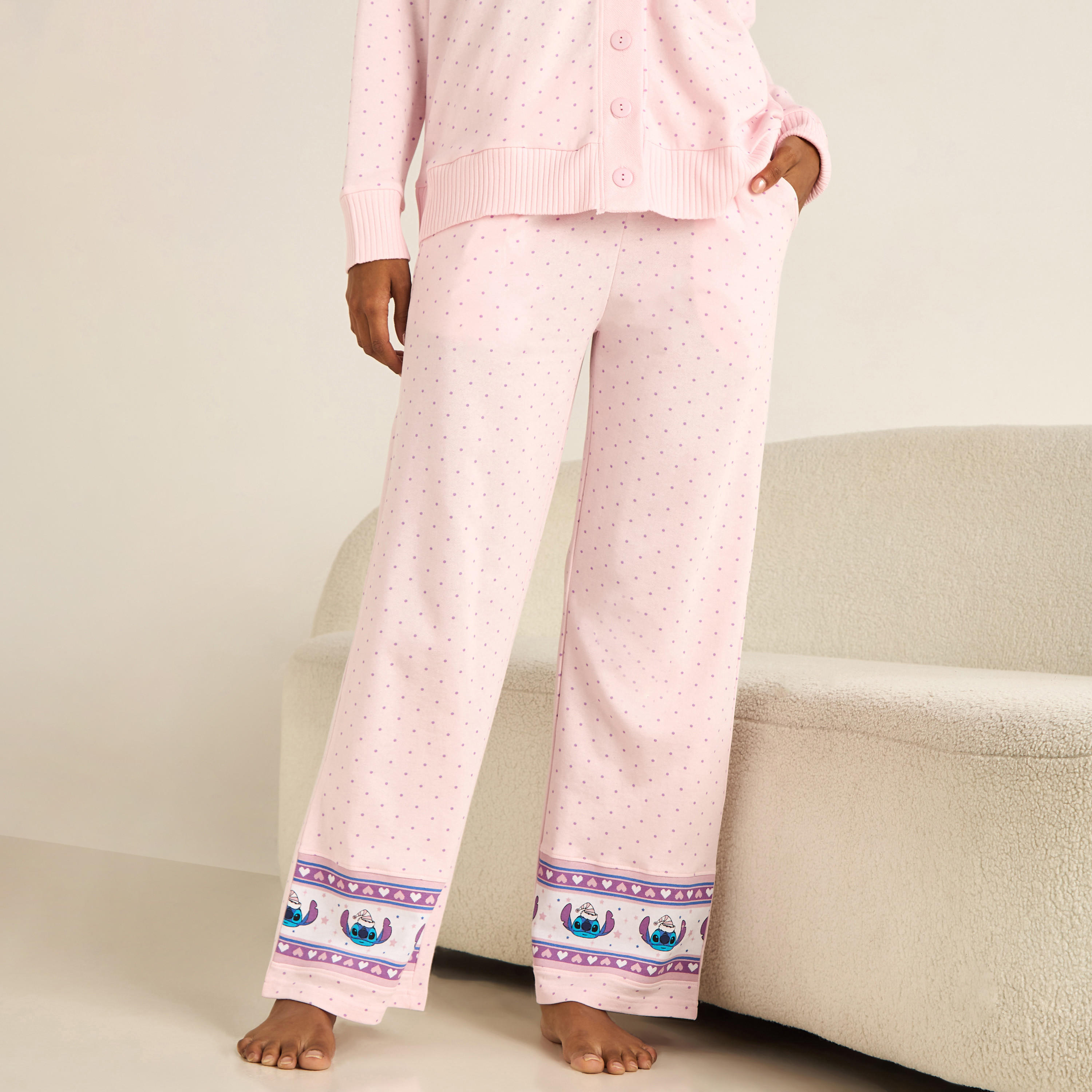 Stitch Print Pyjama Set Button-Down Shirt & Trousers-women-clothing-nightwear-pyjamas-longsets-image-4