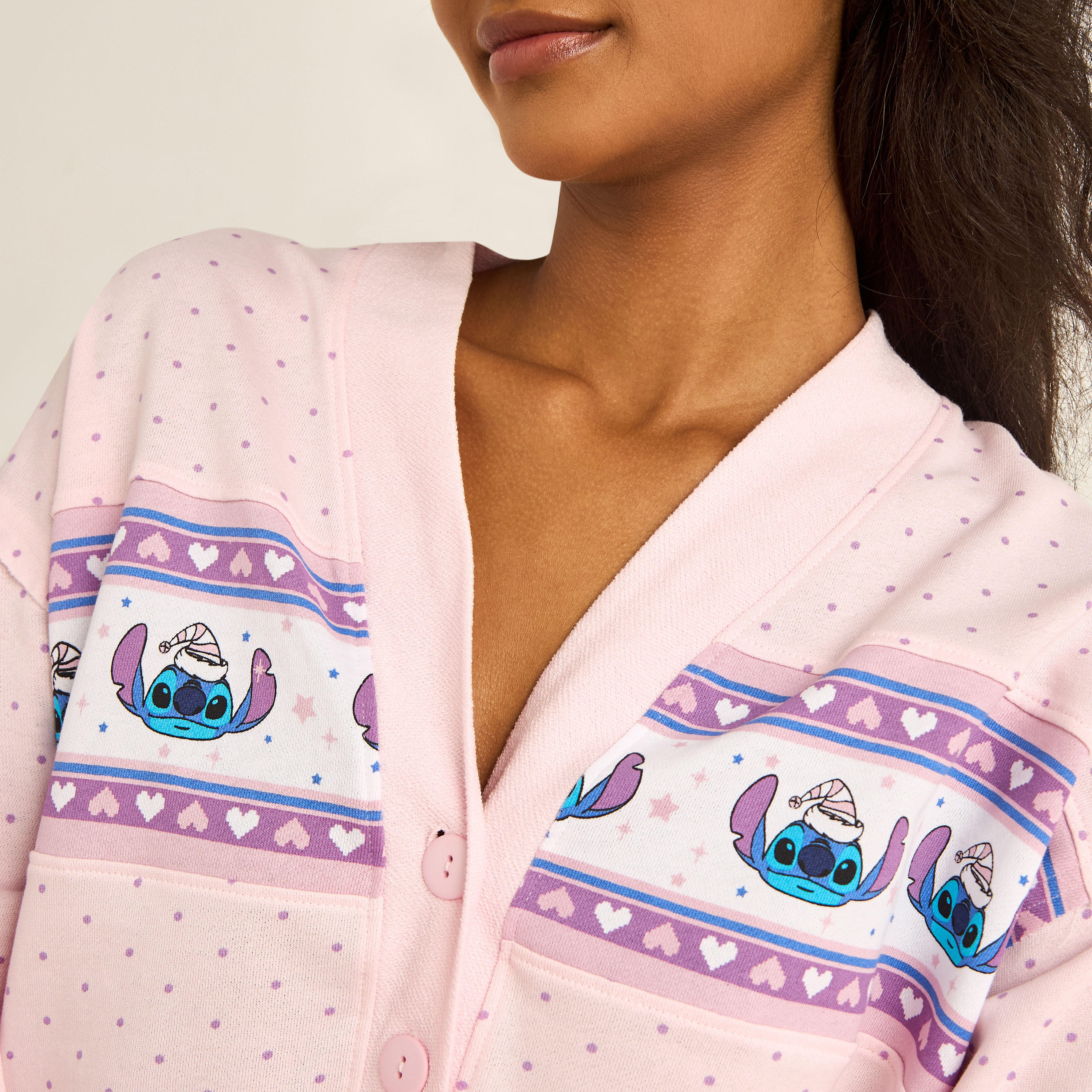 Stitch Print Pyjama Set Button-Down Shirt & Trousers-women-clothing-nightwear-pyjamas-longsets-image-5