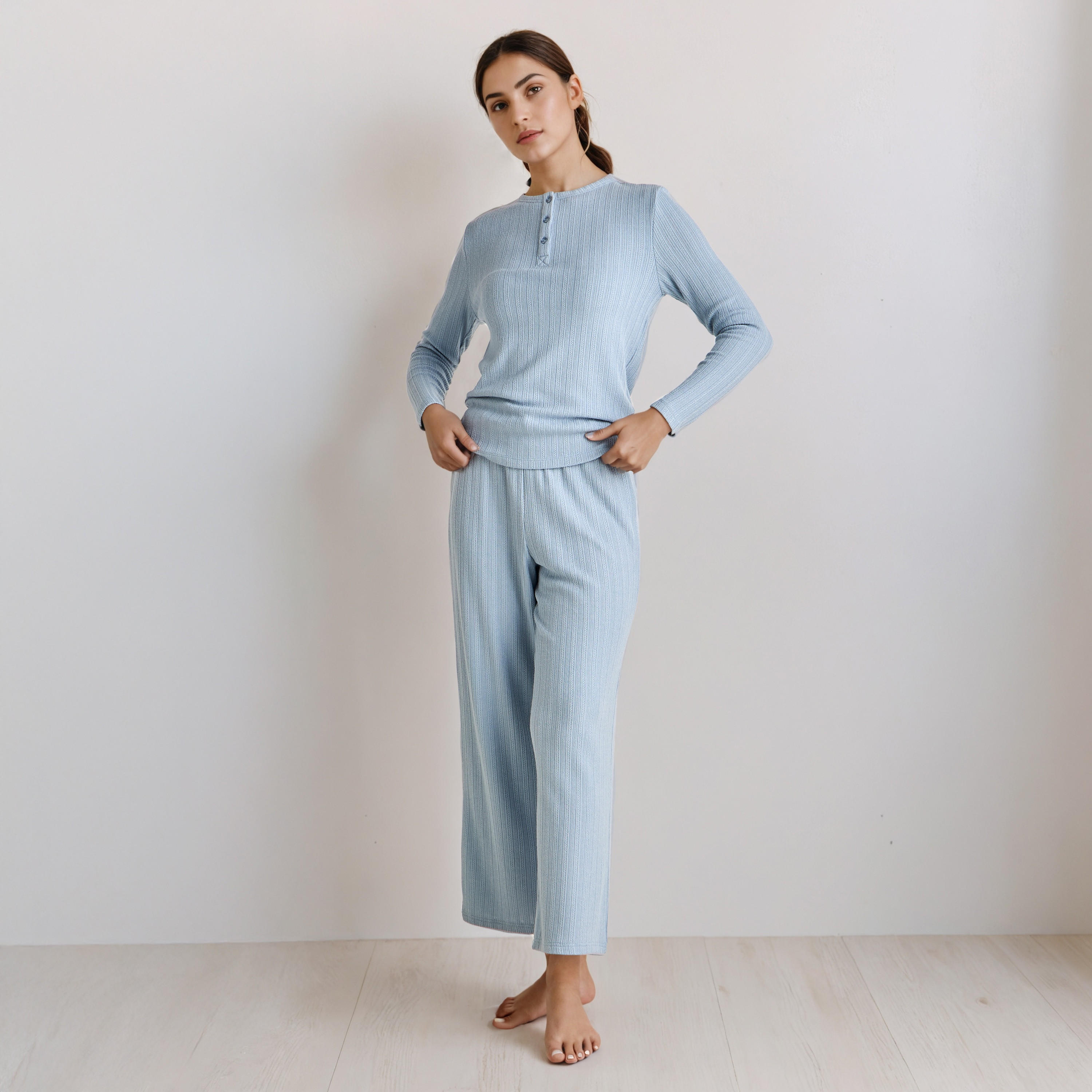طقم بيجاما بارز الملمس بنطلون وبلوزة من مزيج البوليستر-women-clothing-nightwear-pyjamas-longsets-image-6