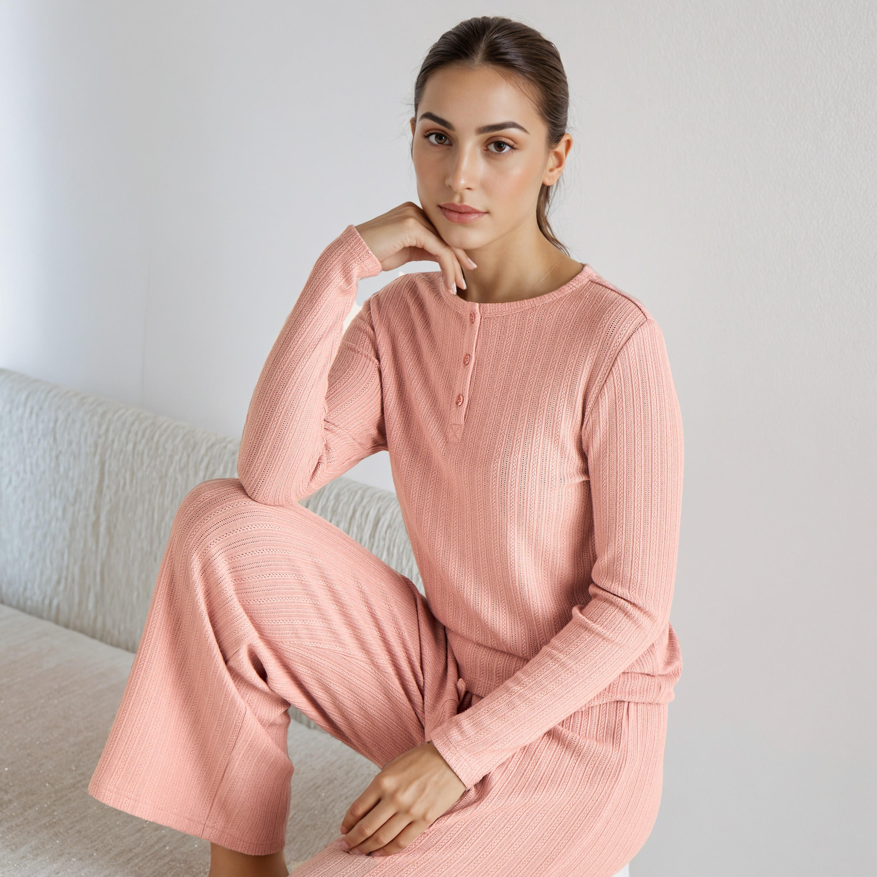 Pyjama Set Textured Top & Trousers Polyester Blend-women-clothing-nightwear-pyjamas-longsets-image-2