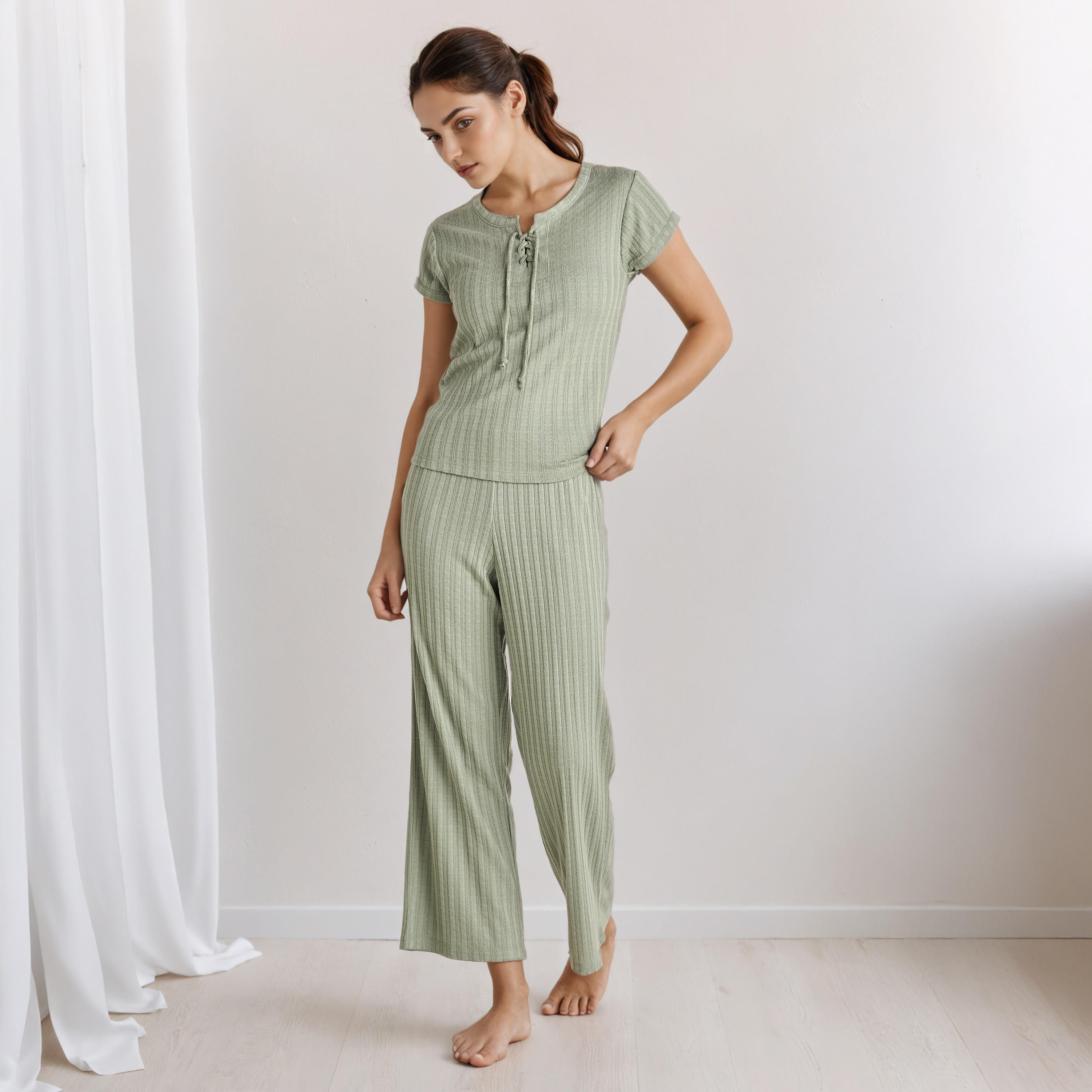 Pyjama Set Lace-Up T-shirt & Pants Viscose Blend-women-clothing-nightwear-pyjamas-longsets-image-1