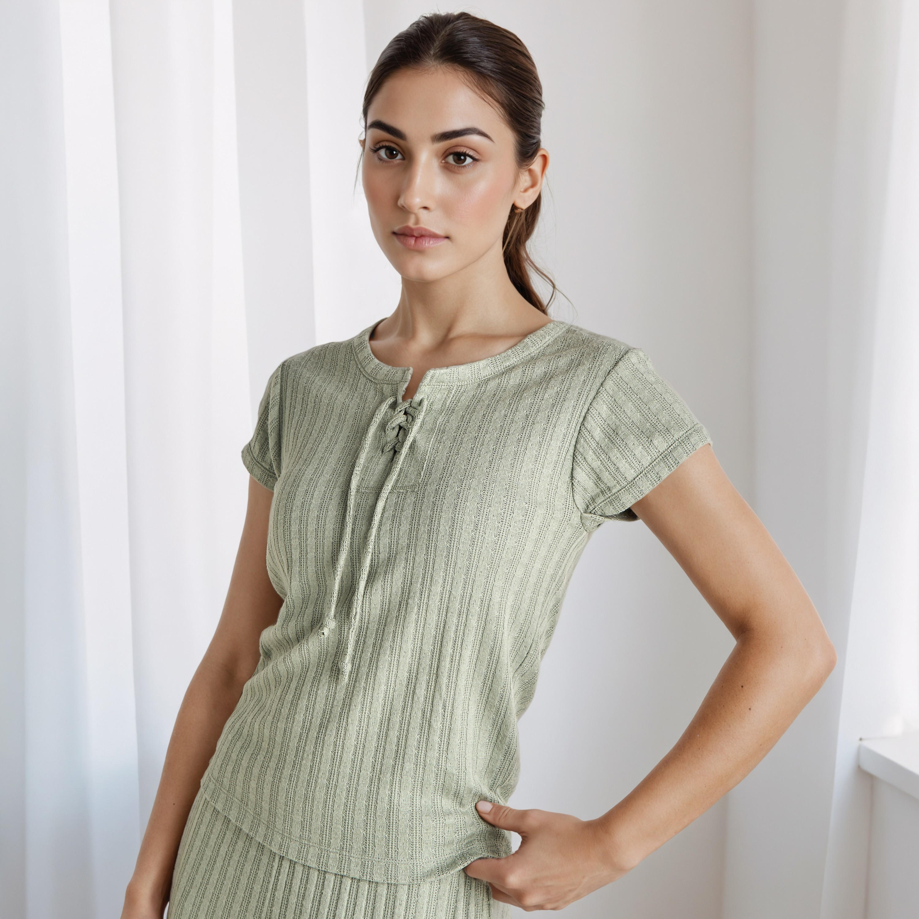 Pyjama Set Lace-Up T-shirt & Pants Viscose Blend-women-clothing-nightwear-pyjamas-longsets-image-2