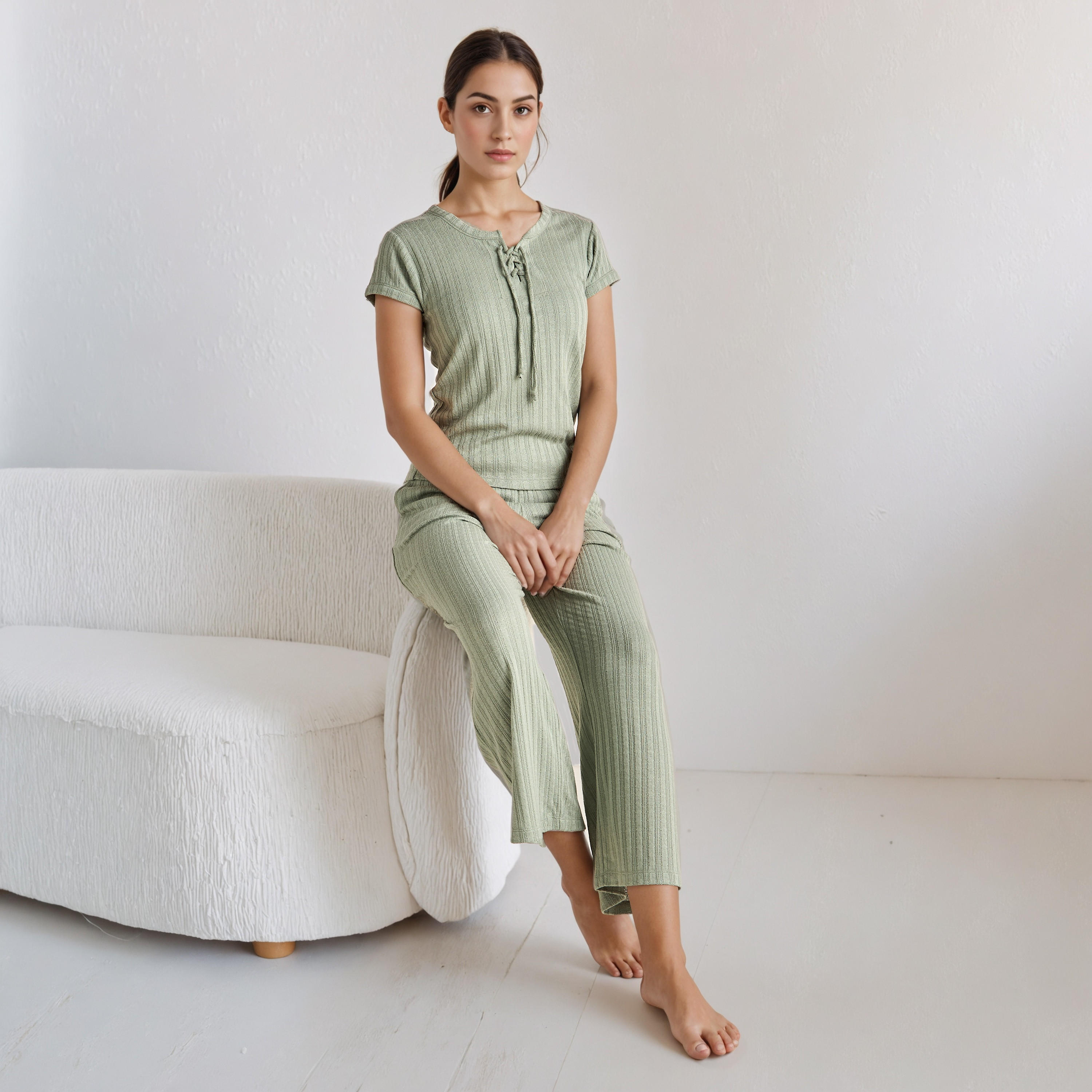 Pyjama Set Lace-Up T-shirt & Pants Viscose Blend-women-clothing-nightwear-pyjamas-longsets-image-3