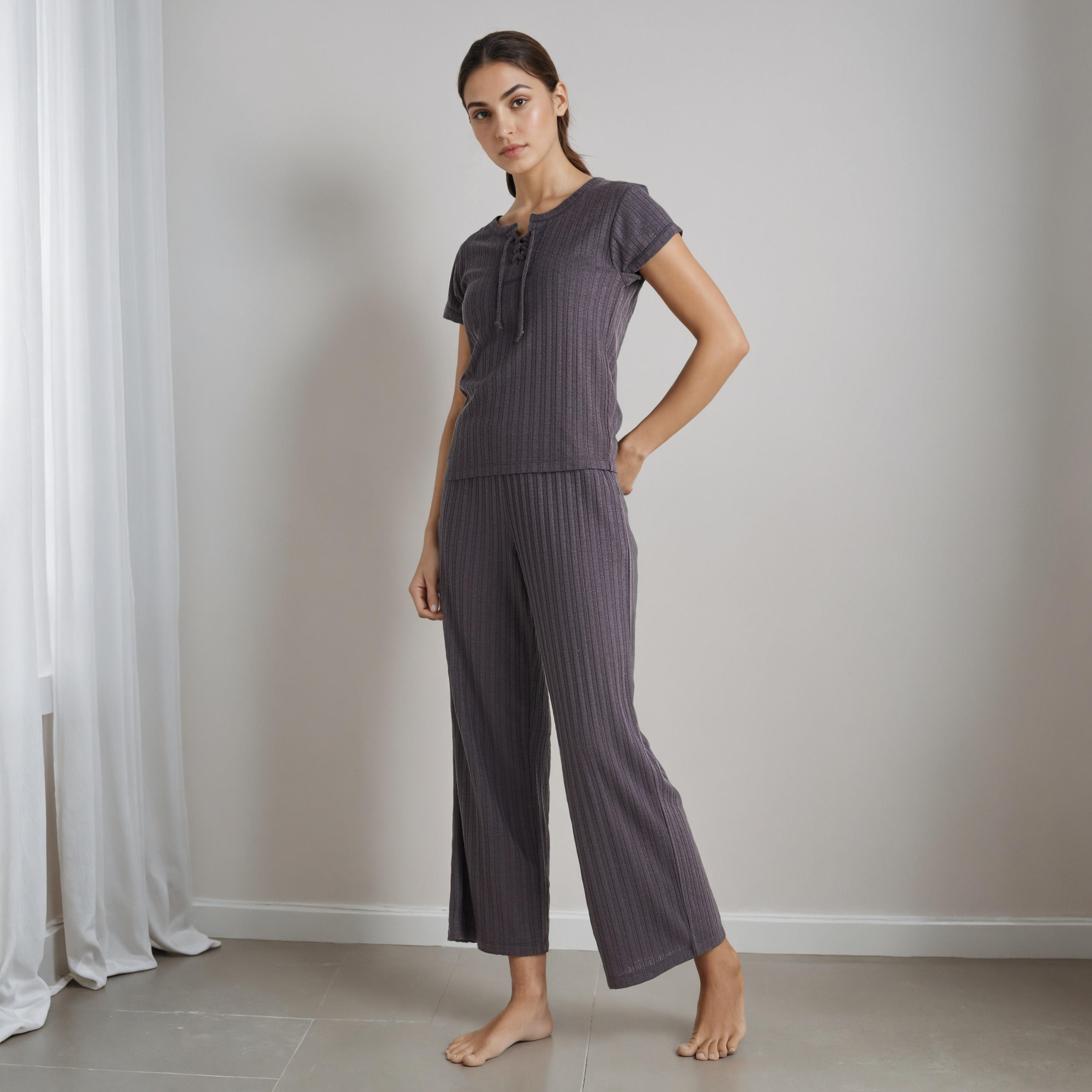 Pyjama Set Lace-Up T-shirt & Pants Viscose Blend-women-clothing-nightwear-pyjamas-longsets-image-1