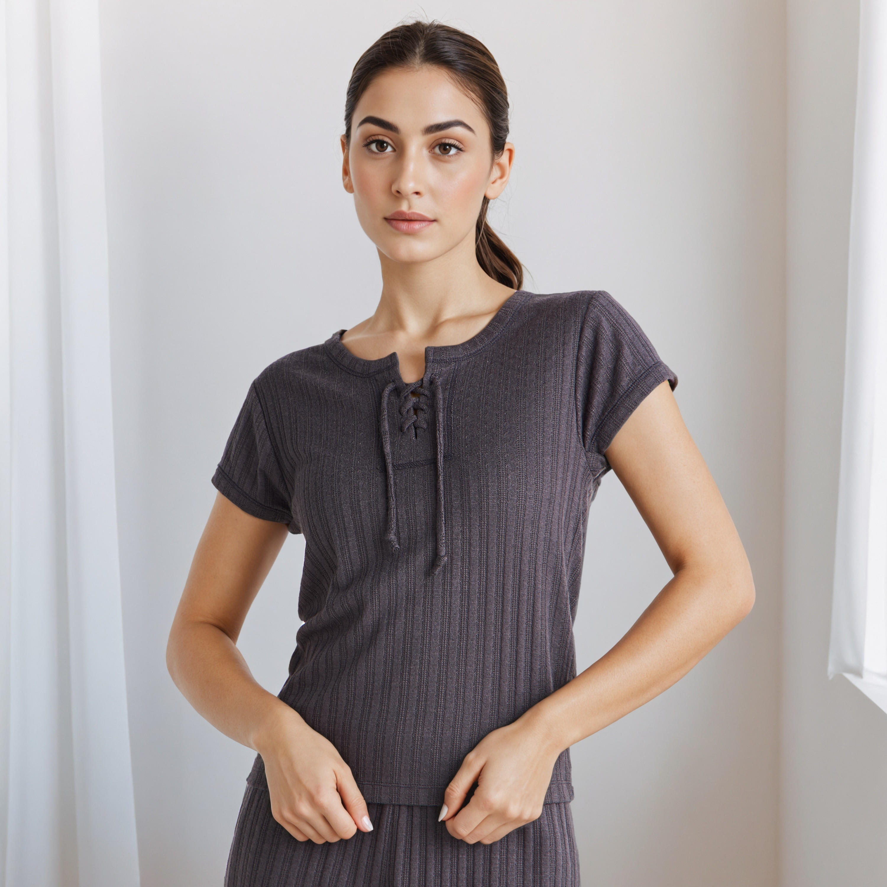 Pyjama Set Lace-Up T-shirt & Pants Viscose Blend-women-clothing-nightwear-pyjamas-longsets-image-2