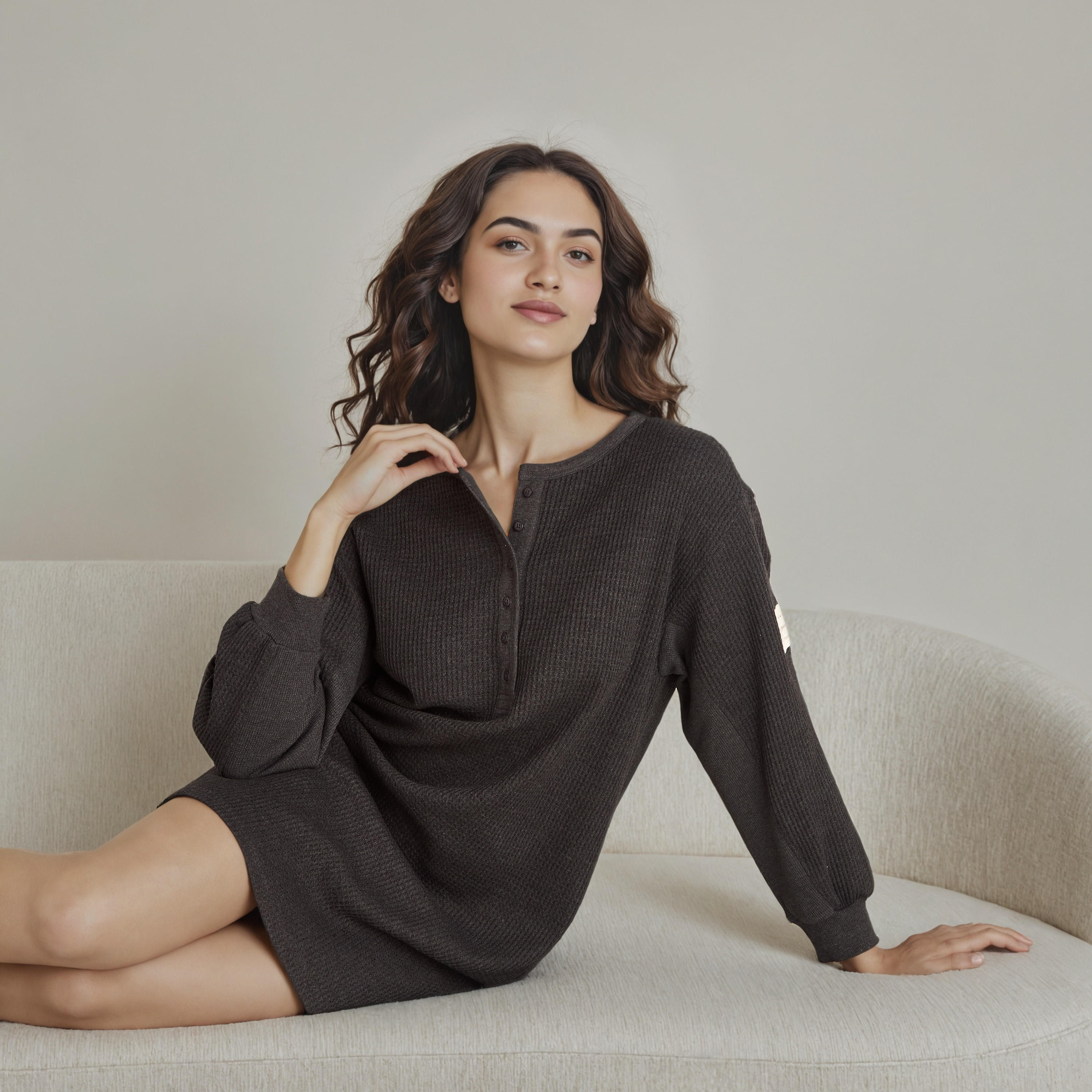 Textured Night Dress with Long Sleeves-women-clothing-nightwear-nighties-image-5