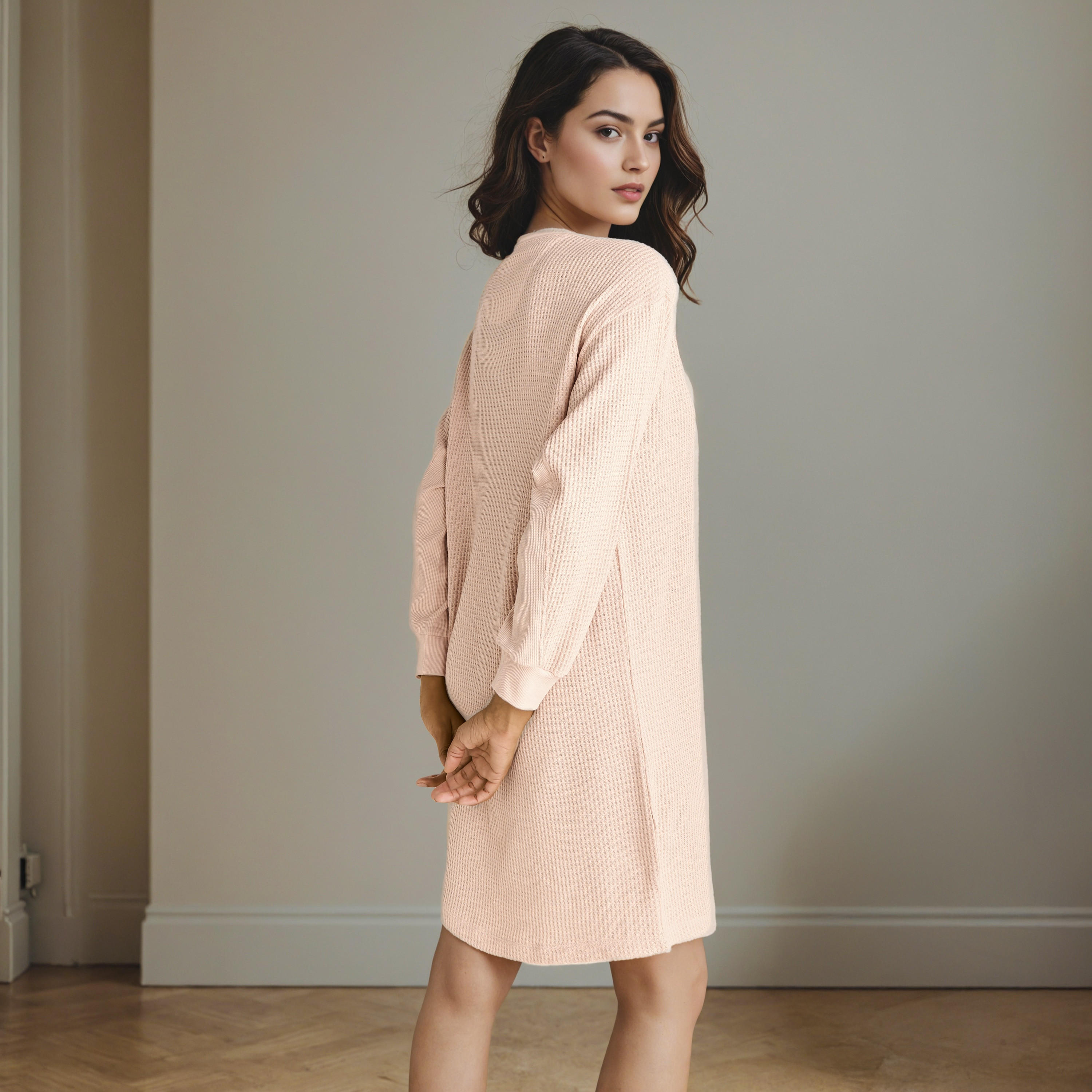 Textured Night Dress with Long Sleeves-women-clothing-nightwear-nighties-image-1