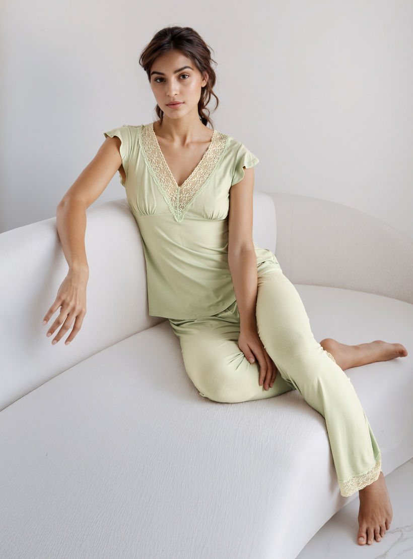 Pyjama Set Lace Trim Top & Trousers-women-clothing-nightwear-pyjamas-longsets-image-1