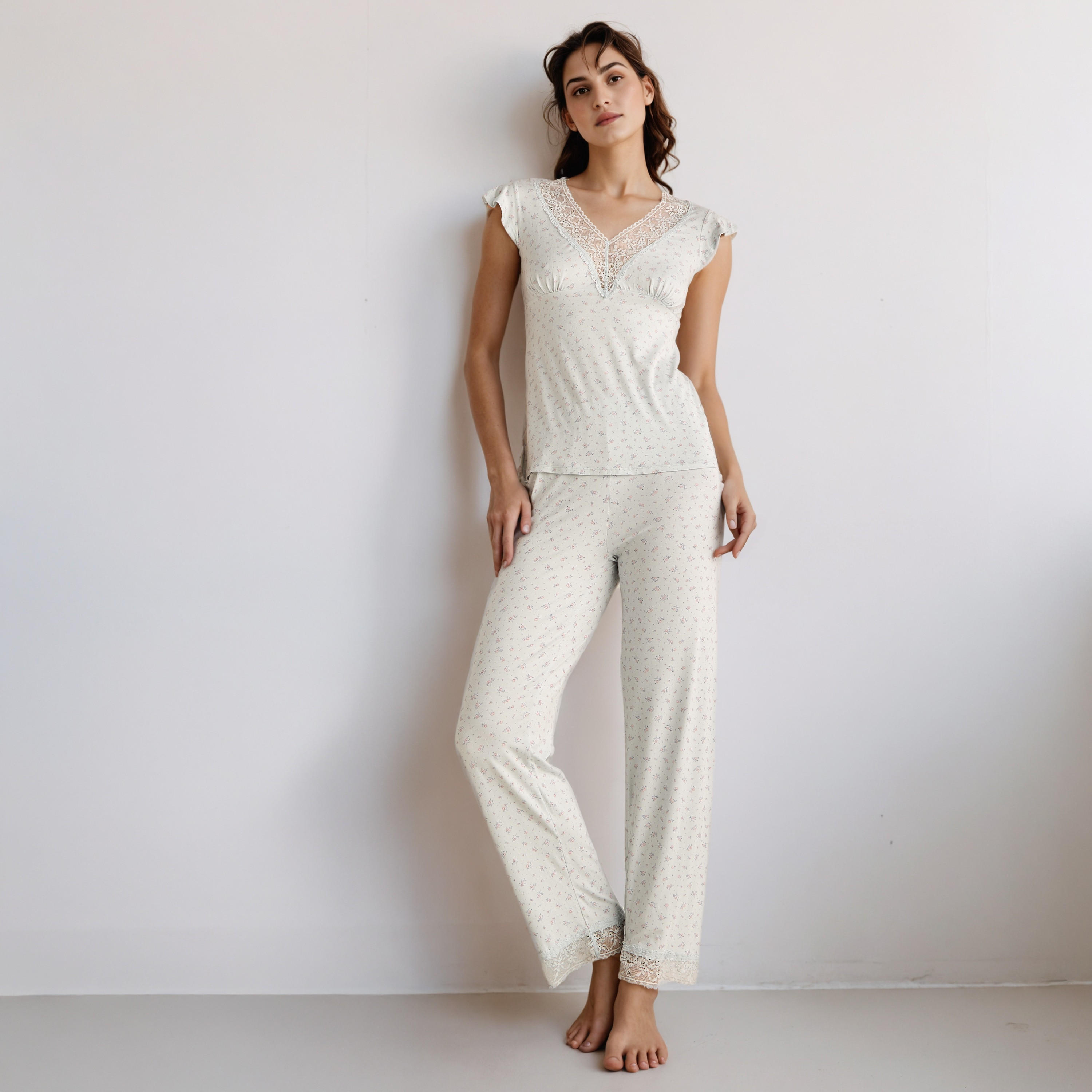 Pyjama Set Lace Trim Top & Trousers-women-clothing-nightwear-pyjamas-longsets-image-1