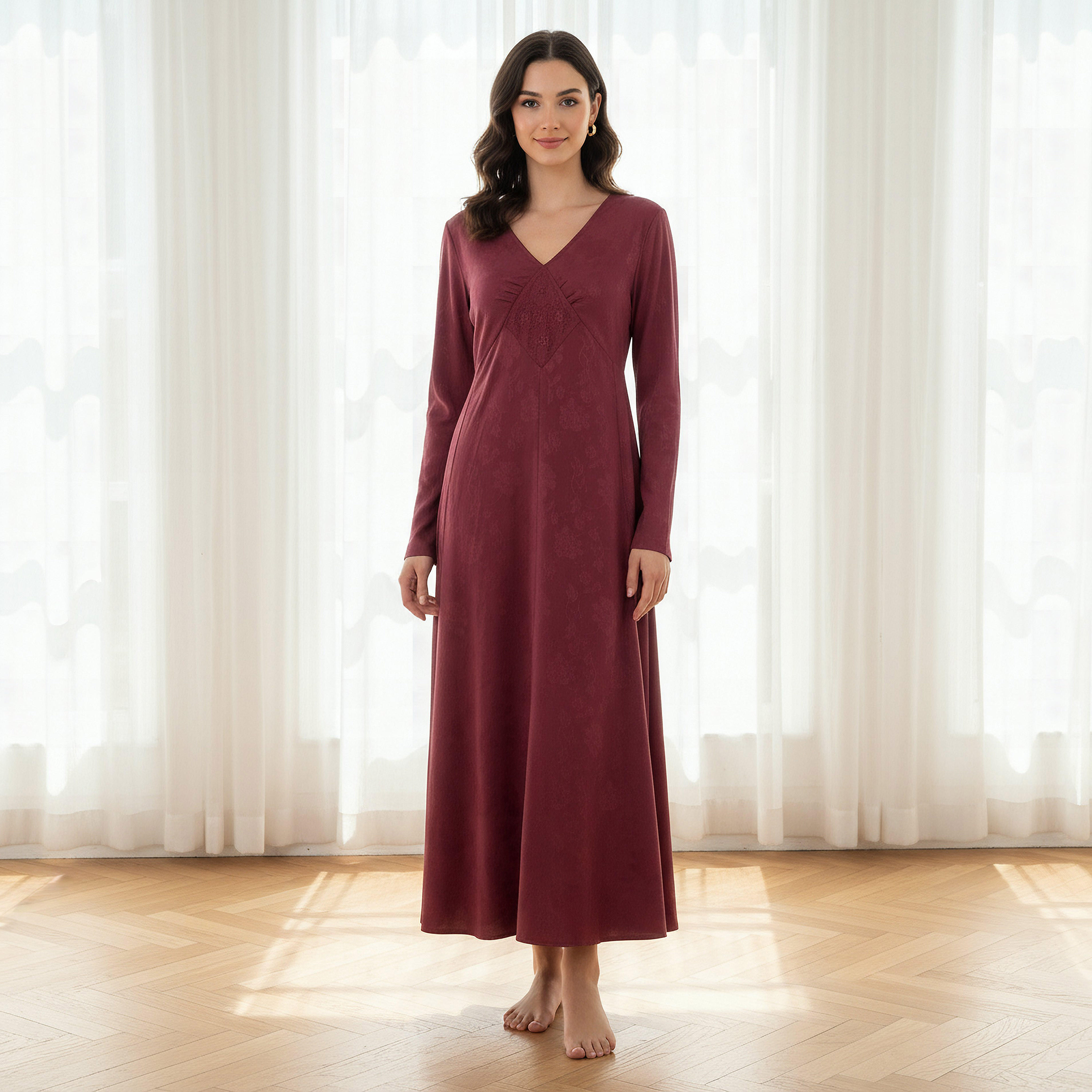 Maxi Length Night Dress with Long Sleeves Embroidered Detail Viscose-women-clothing-nightwear-nighties-image-1