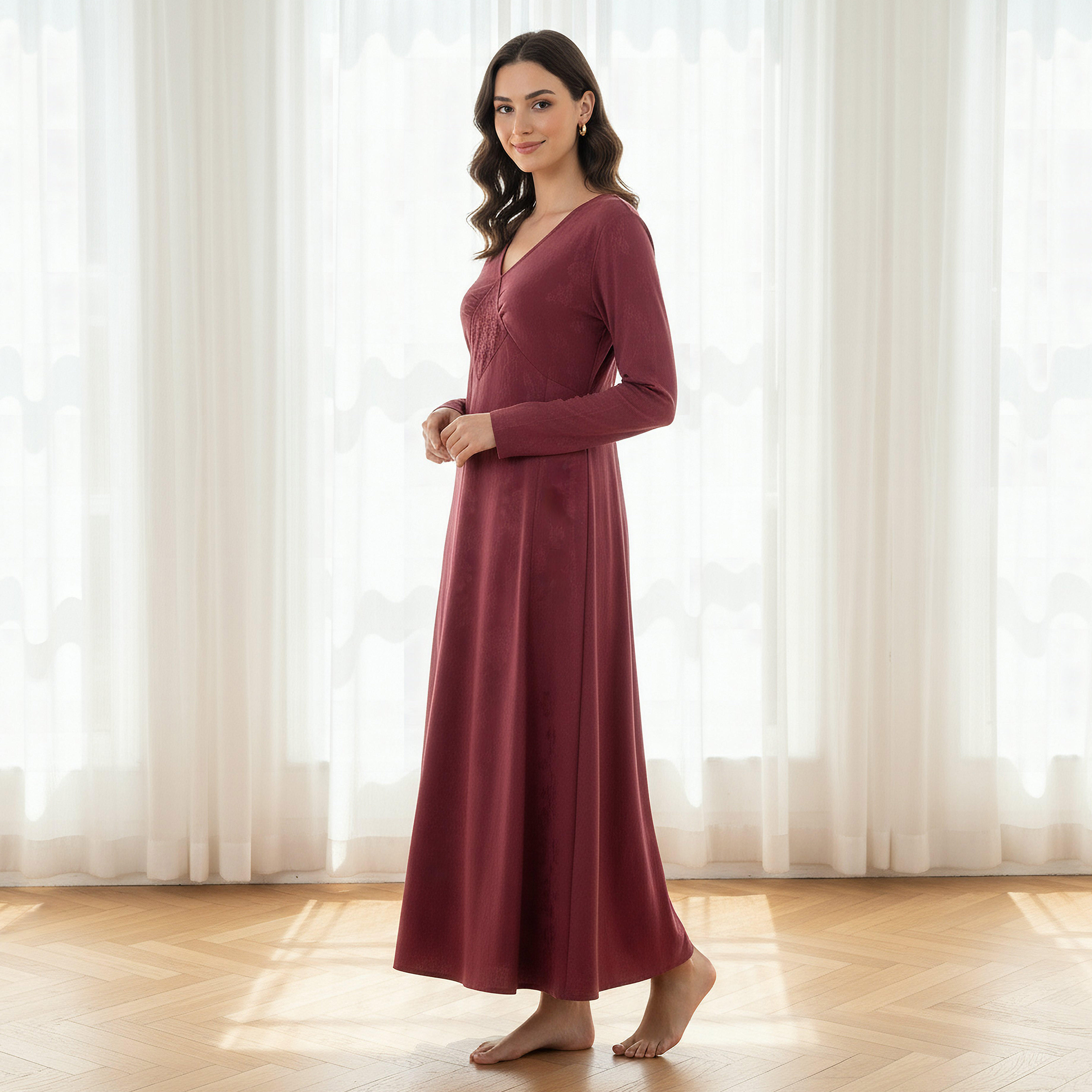 Maxi Length Night Dress with Long Sleeves Embroidered Detail Viscose-women-clothing-nightwear-nighties-image-2