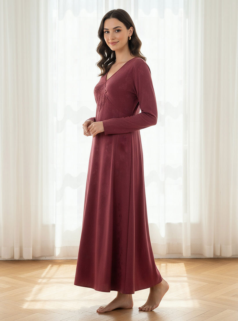Maxi Length Night Dress with Long Sleeves Embroidered Detail Viscose-women-clothing-nightwear-nighties-image-2