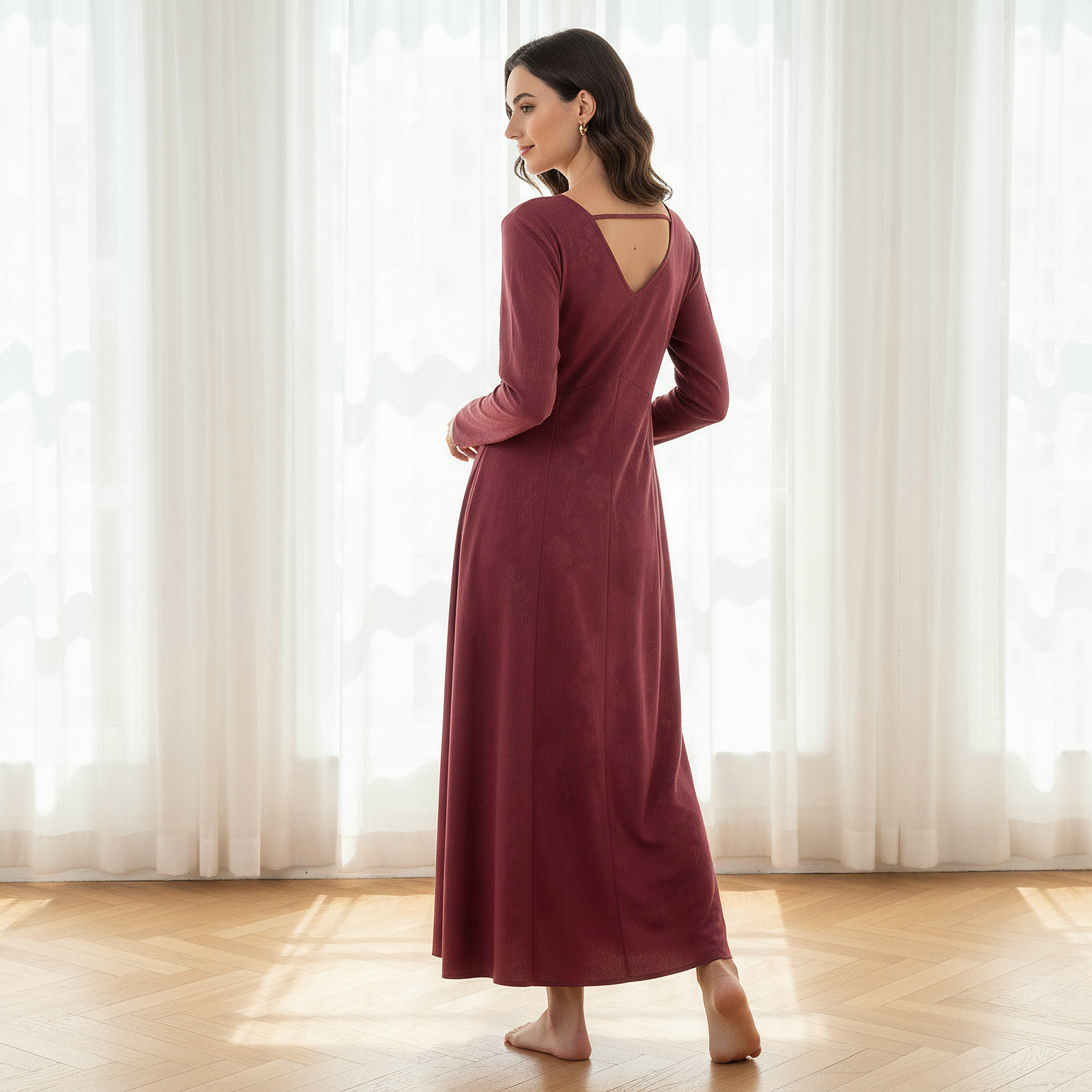 Maxi Length Night Dress with Long Sleeves Embroidered Detail Viscose-women-clothing-nightwear-nighties-image-3