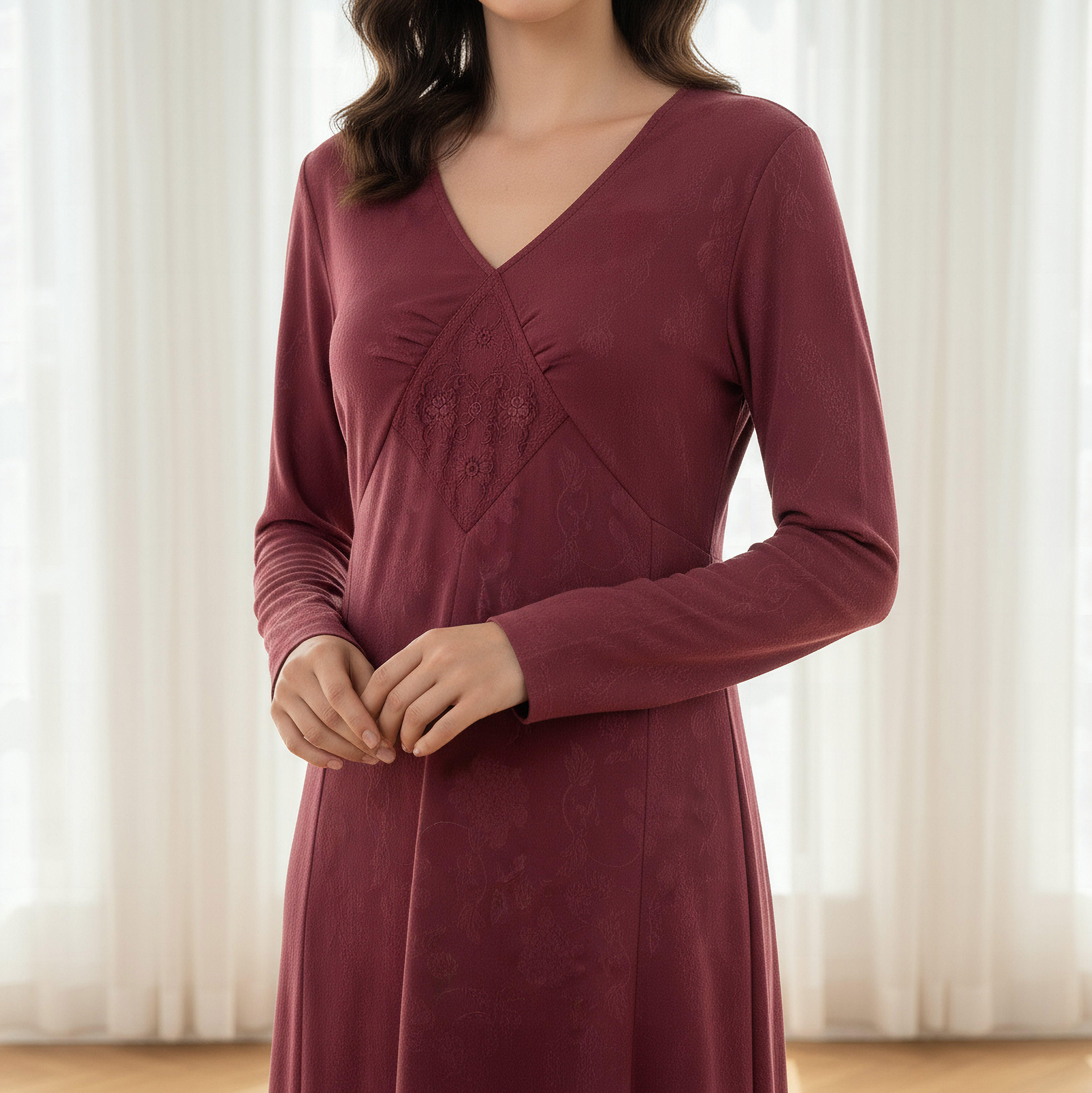 Maxi Length Night Dress with Long Sleeves Embroidered Detail Viscose-women-clothing-nightwear-nighties-image-4