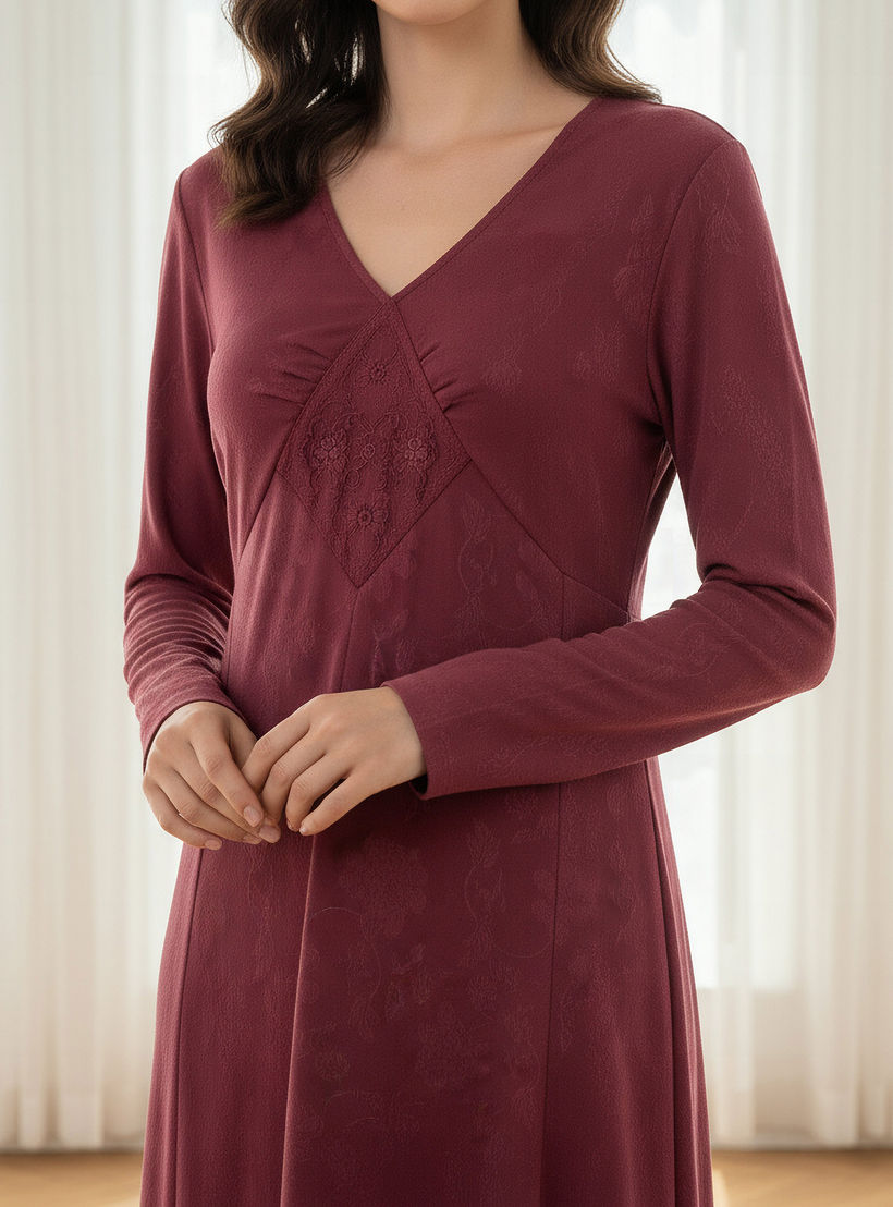 Maxi Length Night Dress with Long Sleeves Embroidered Detail Viscose-women-clothing-nightwear-nighties-image-4