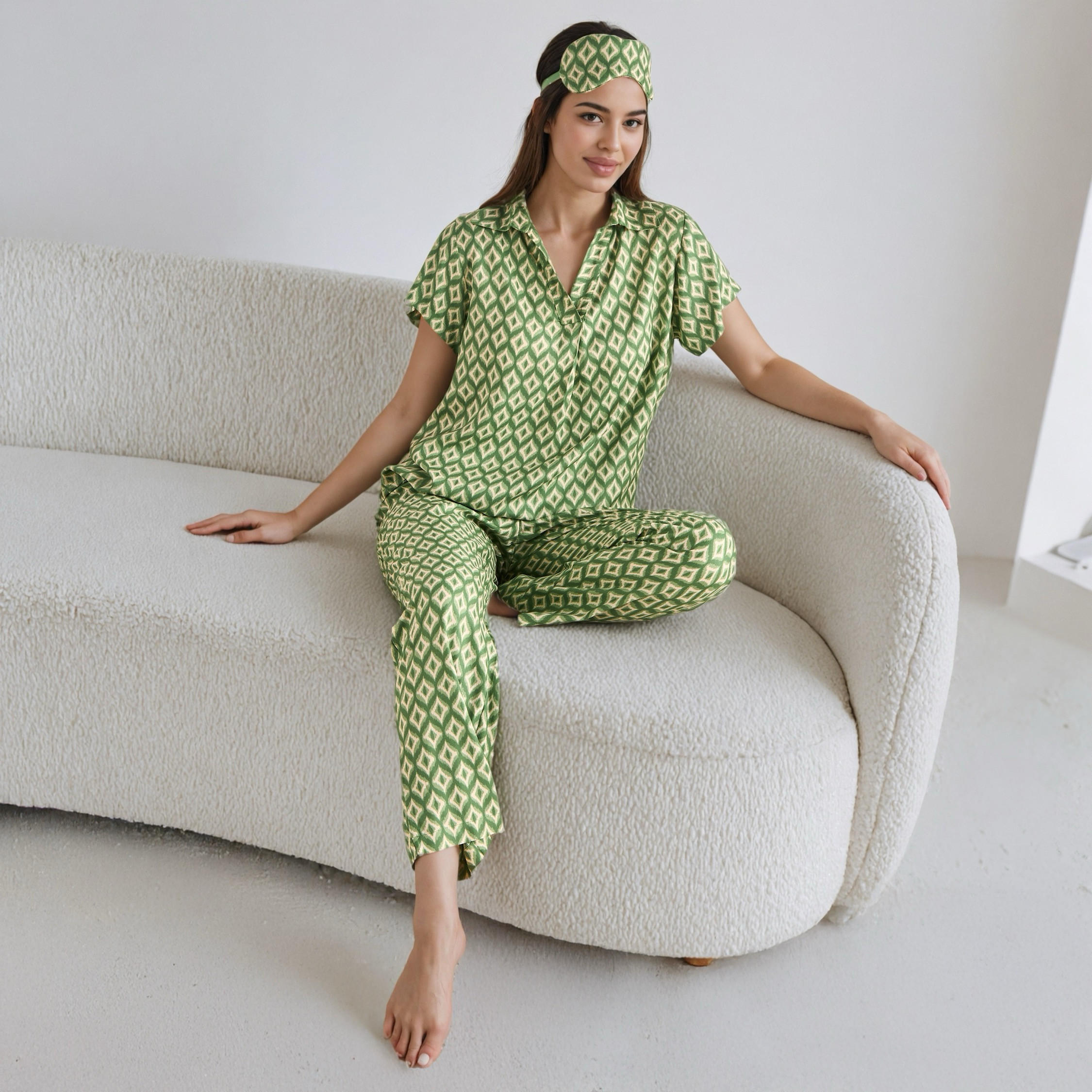 طقم بيجاما بطبعات هندسية مع قناع عين-women-clothing-nightwear-pyjamas-longsets-image-1