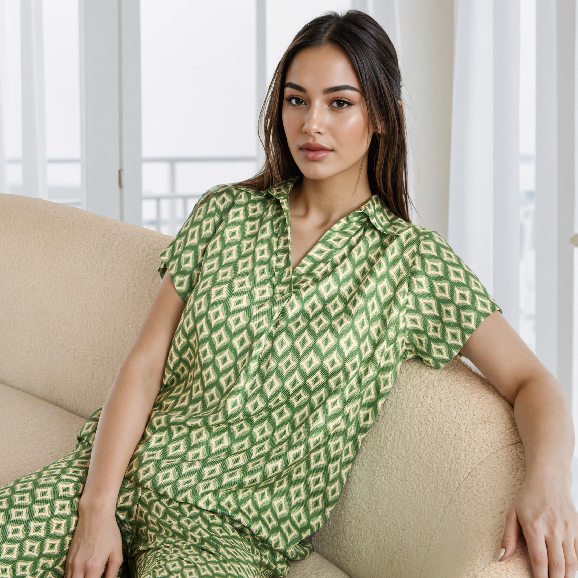 طقم بيجاما بطبعات هندسية مع قناع عين-women-clothing-nightwear-pyjamas-longsets-image-2