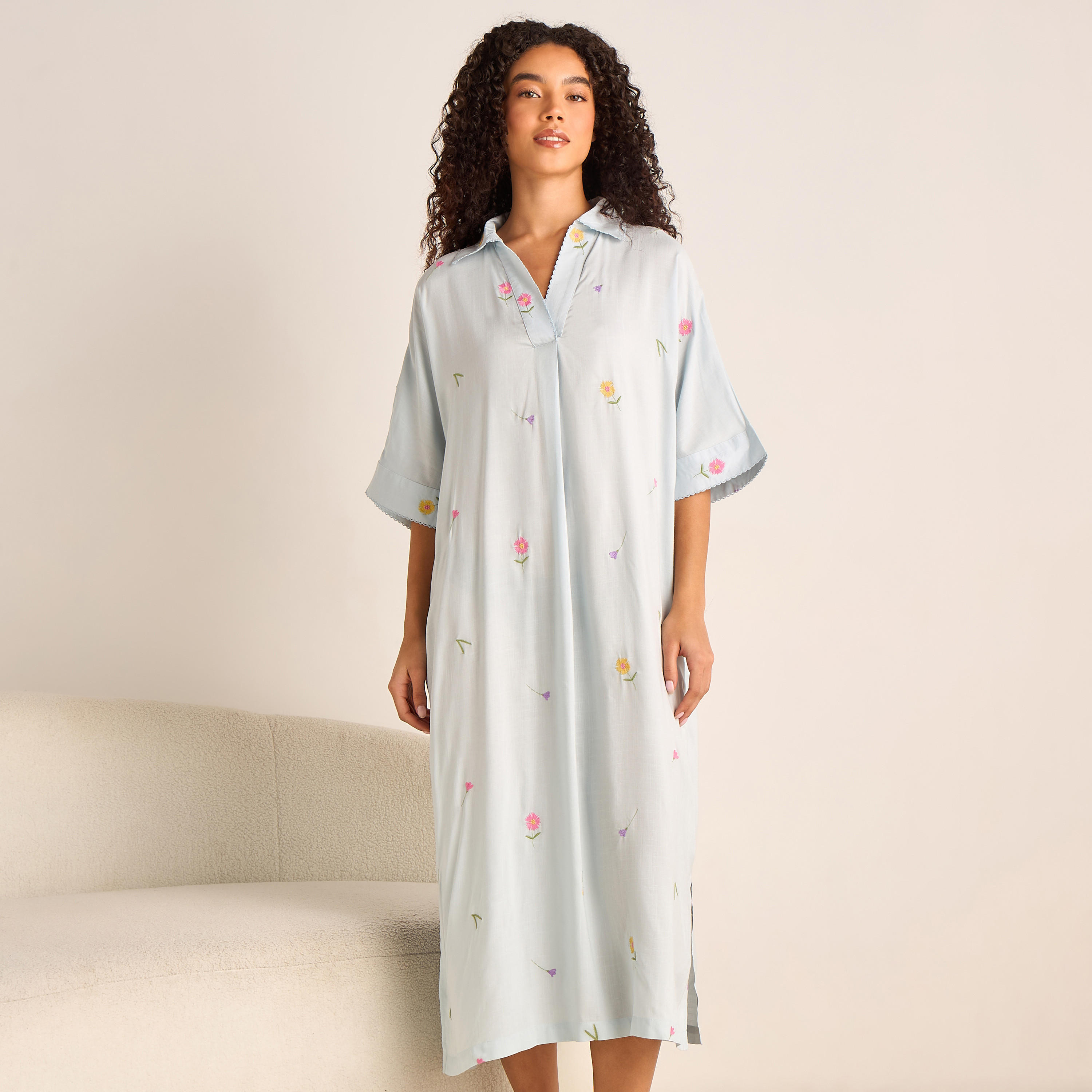 Night Dress Short Sleeve Floral Embroidery Viscose-women-clothing-nightwear-nighties-image-1