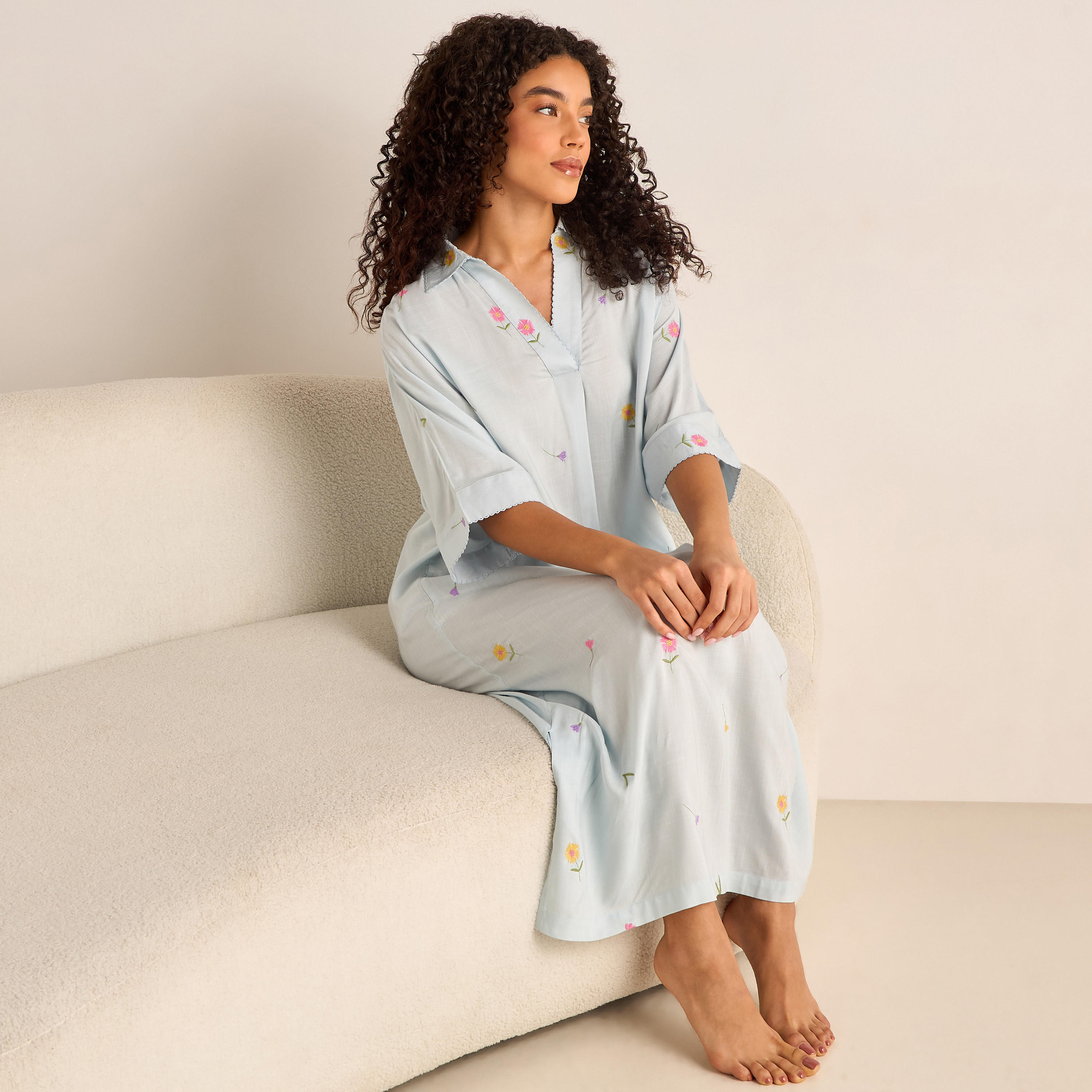 Night Dress Short Sleeve Floral Embroidery Viscose-women-clothing-nightwear-nighties-image-2