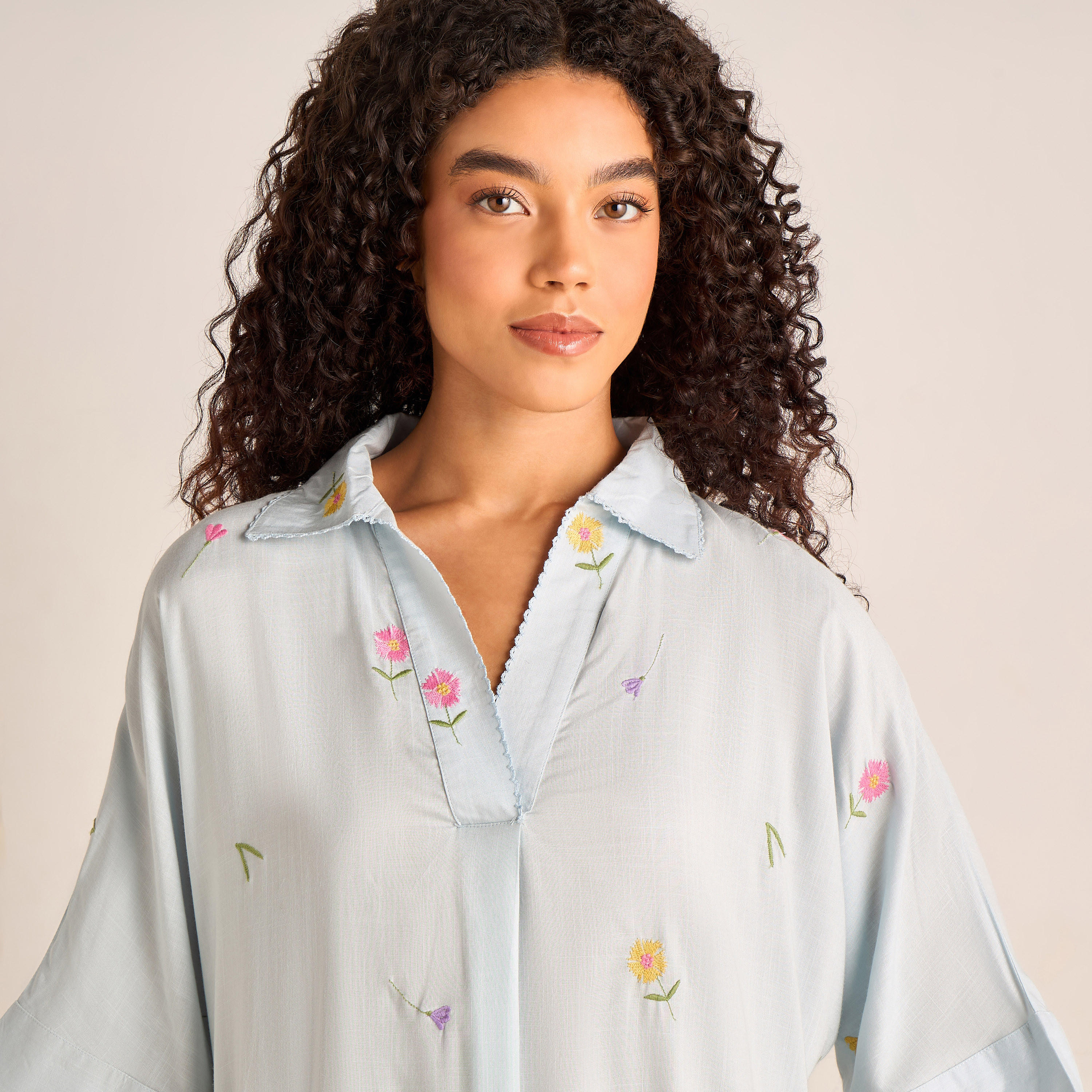 Night Dress Short Sleeve Floral Embroidery Viscose-women-clothing-nightwear-nighties-image-4