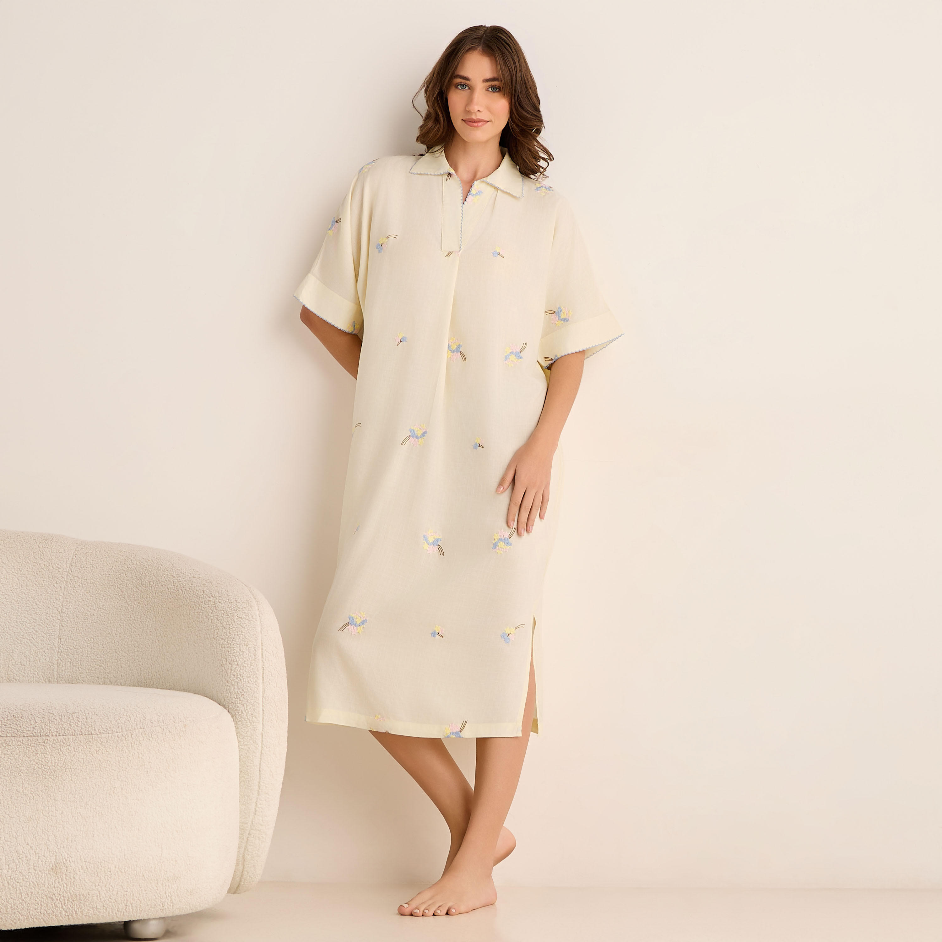 Night Dress Short Sleeve Floral Embroidery Viscose-women-clothing-nightwear-nighties-image-2