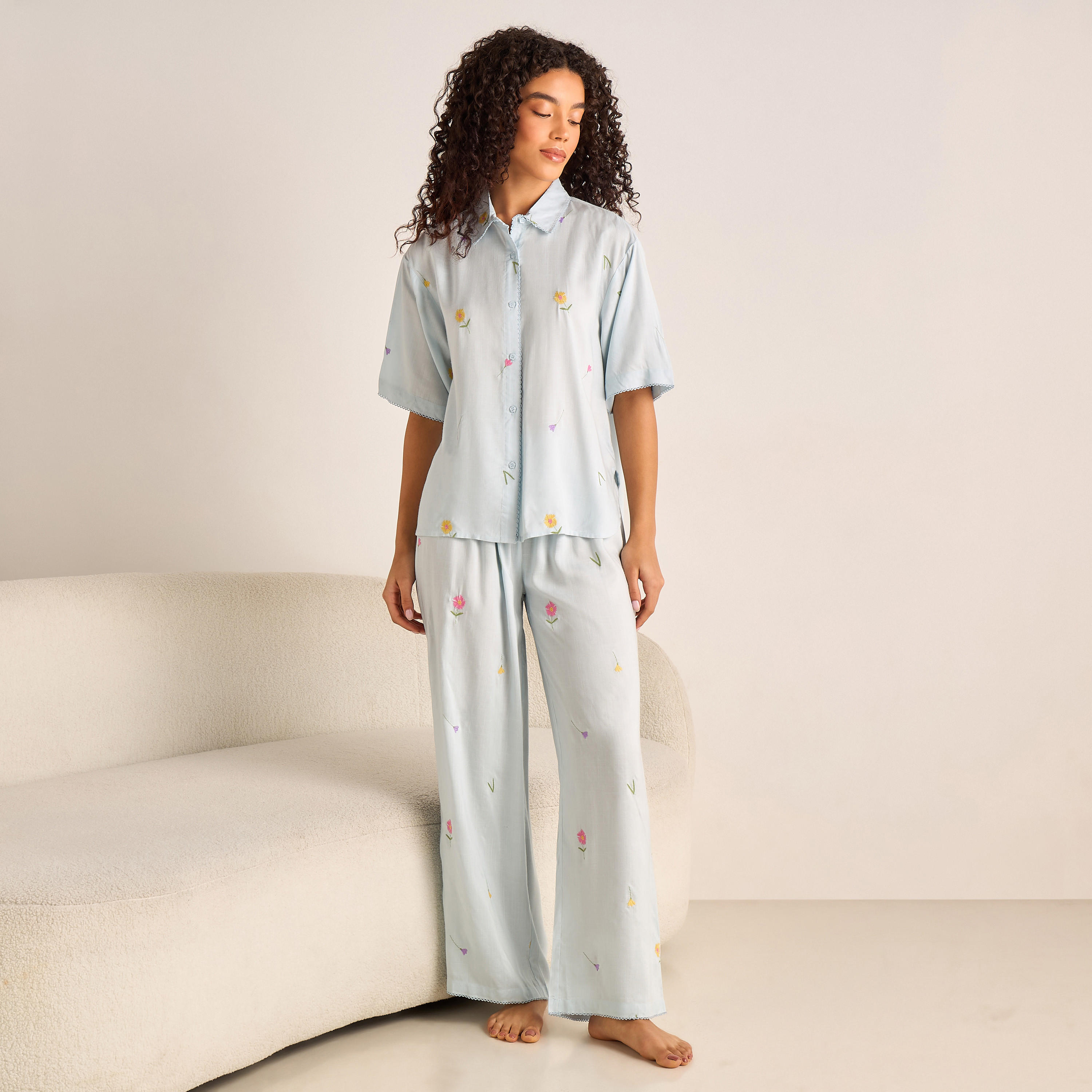 Pyjama Set Button-Down Shirt & Trousers-women-clothing-nightwear-pyjamas-longsets-image-1