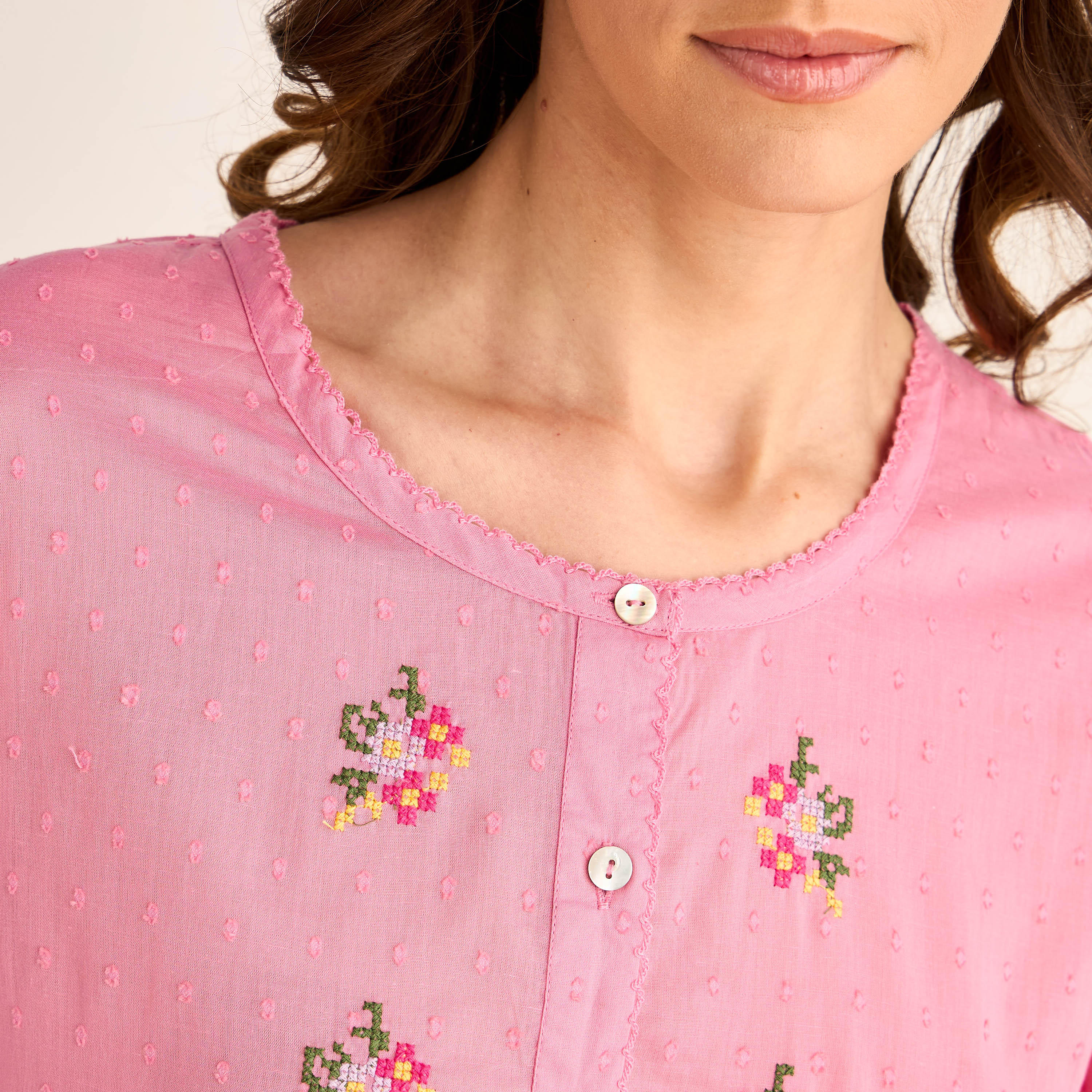 Night Dress 3/4 Sleeves Embroidered-women-clothing-nightwear-nighties-image-4