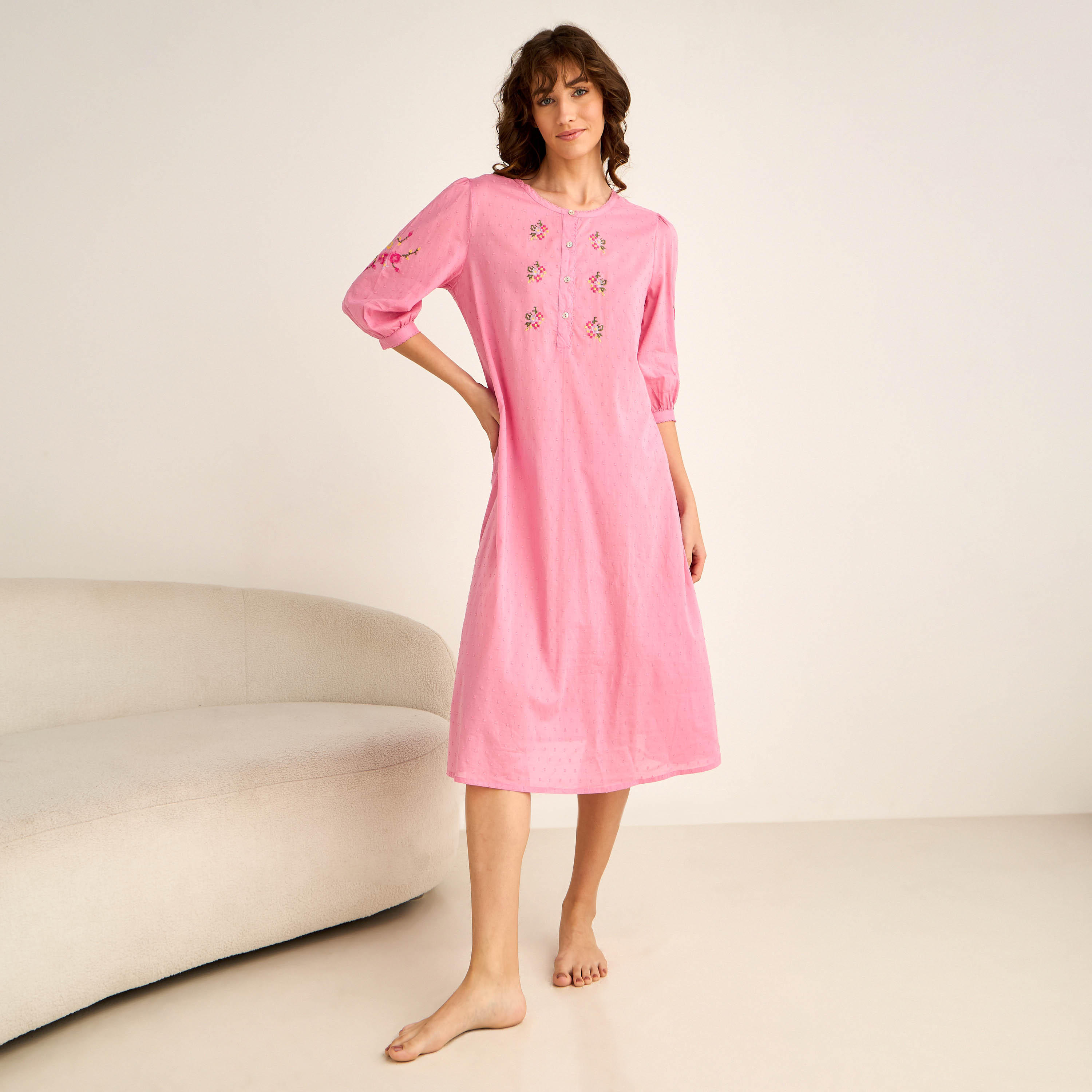 Night Dress 3/4 Sleeves Embroidered-women-clothing-nightwear-nighties-image-5