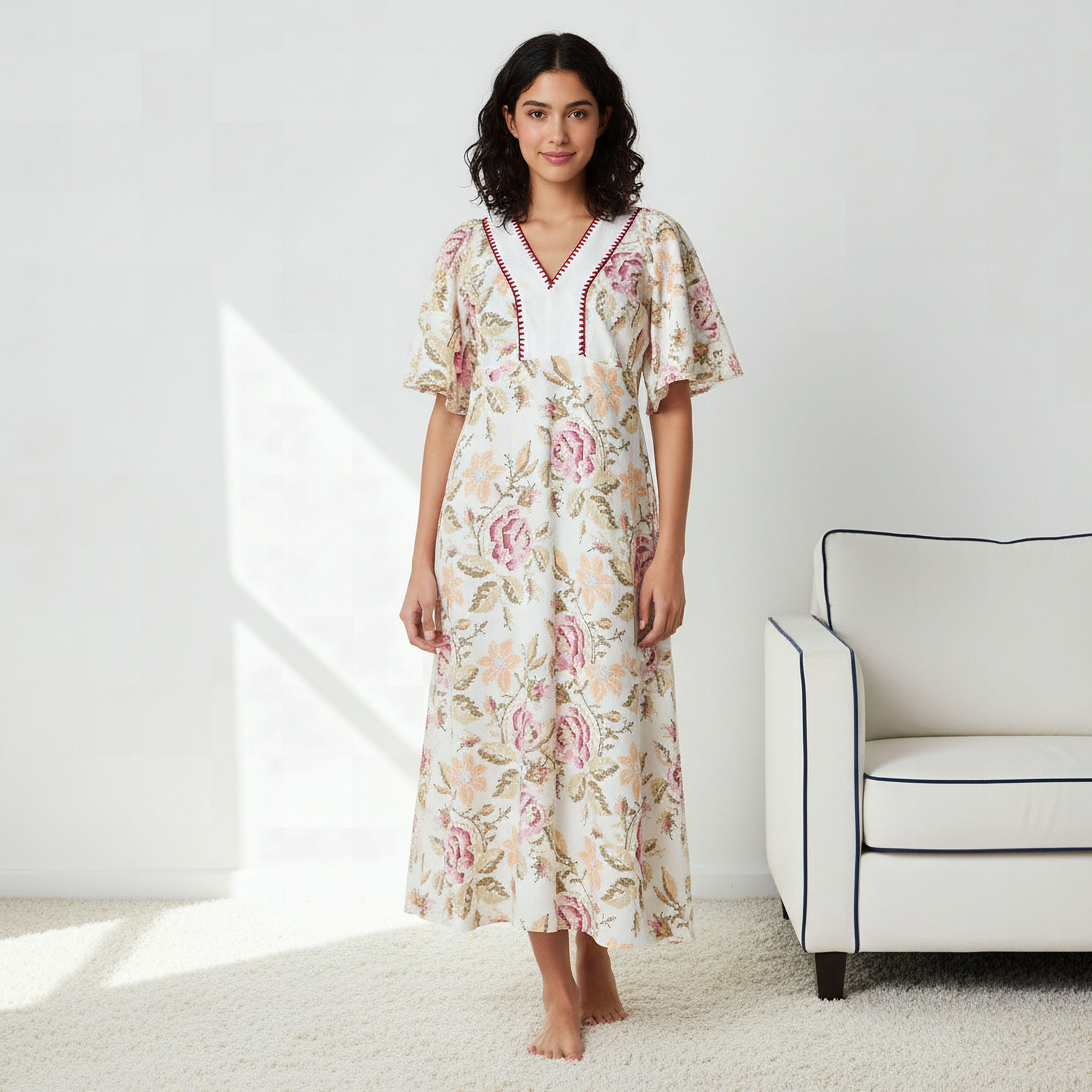 ثوب نوم قطن بأكمام واسعة وطبعات زهرية-women-clothing-nightwear-nighties-image-1