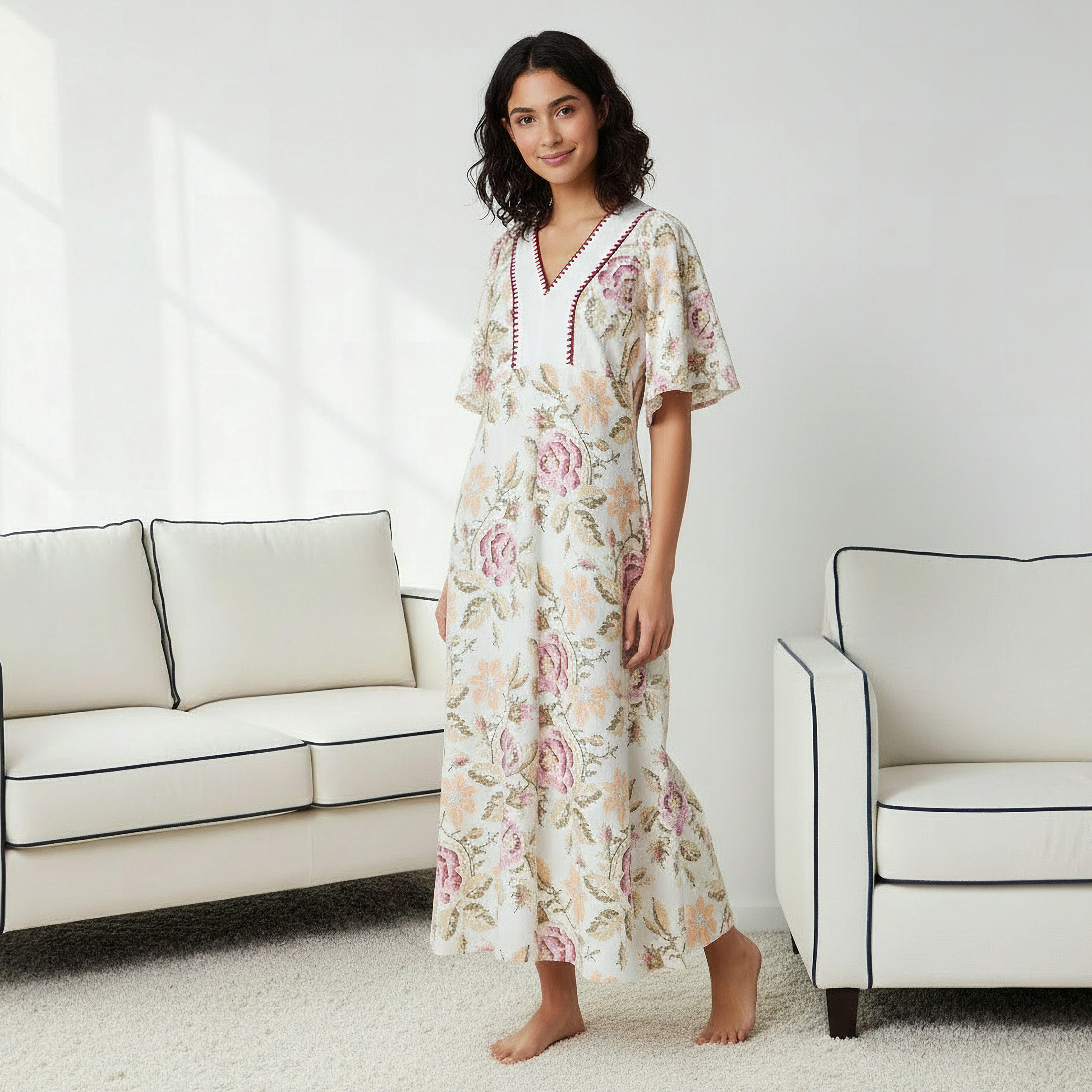 ثوب نوم قطن بأكمام واسعة وطبعات زهرية-women-clothing-nightwear-nighties-image-2