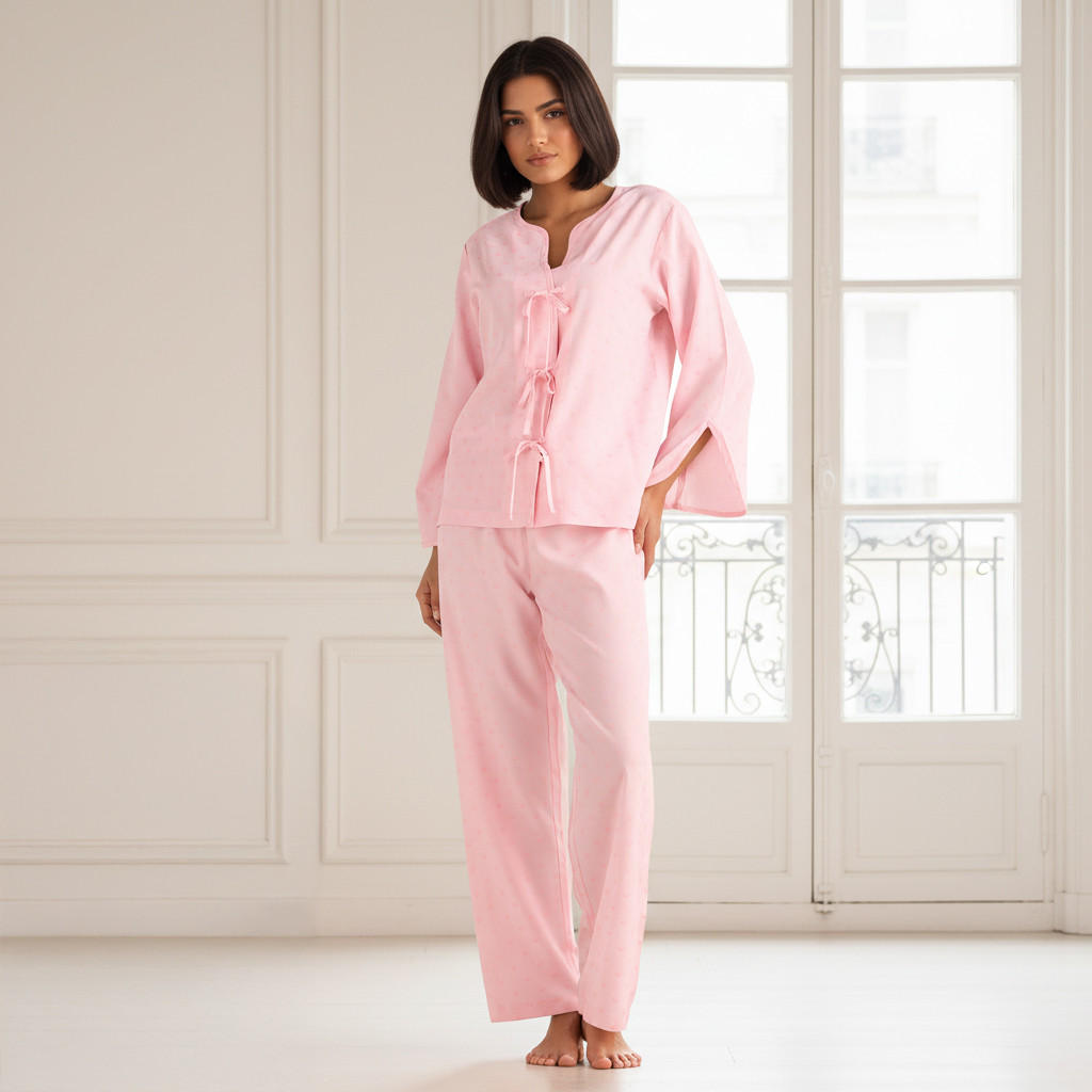 Pyjama Set Bow Accent Top & Trousers-women-clothing-nightwear-pyjamas-longsets-image-1