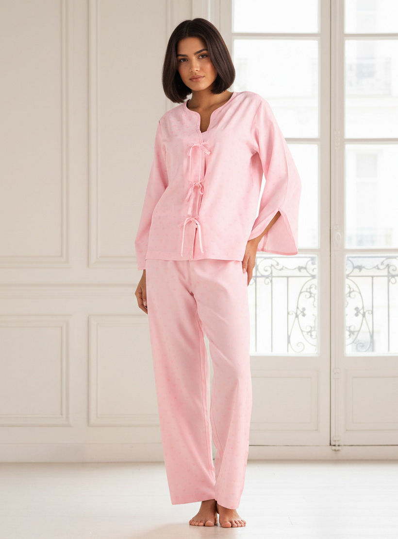 Pyjama Set Bow Accent Top & Trousers-women-clothing-nightwear-pyjamas-longsets-image-1
