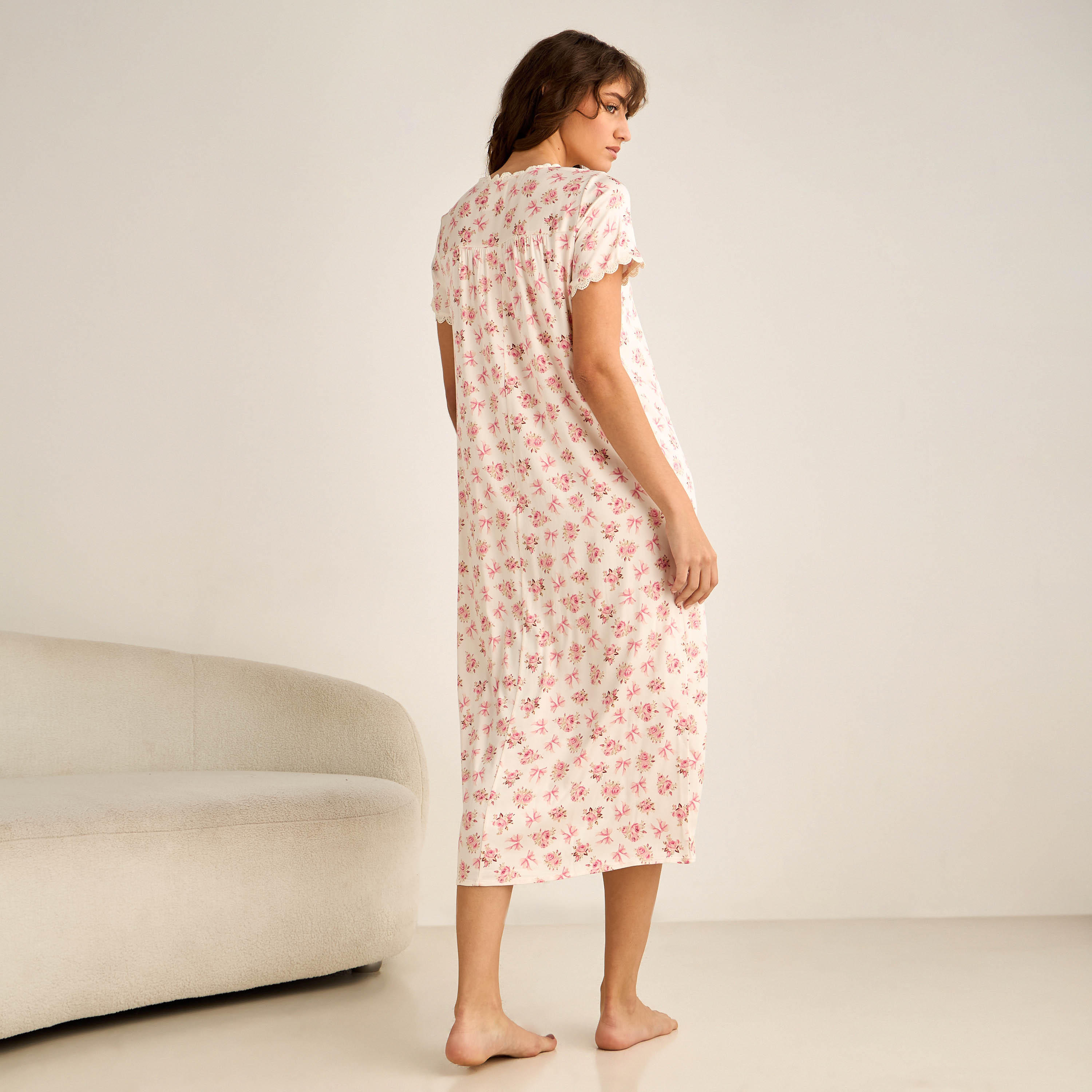 Night Dress Short Sleeves Floral Print Lace Detail-women-clothing-nightwear-nighties-image-2