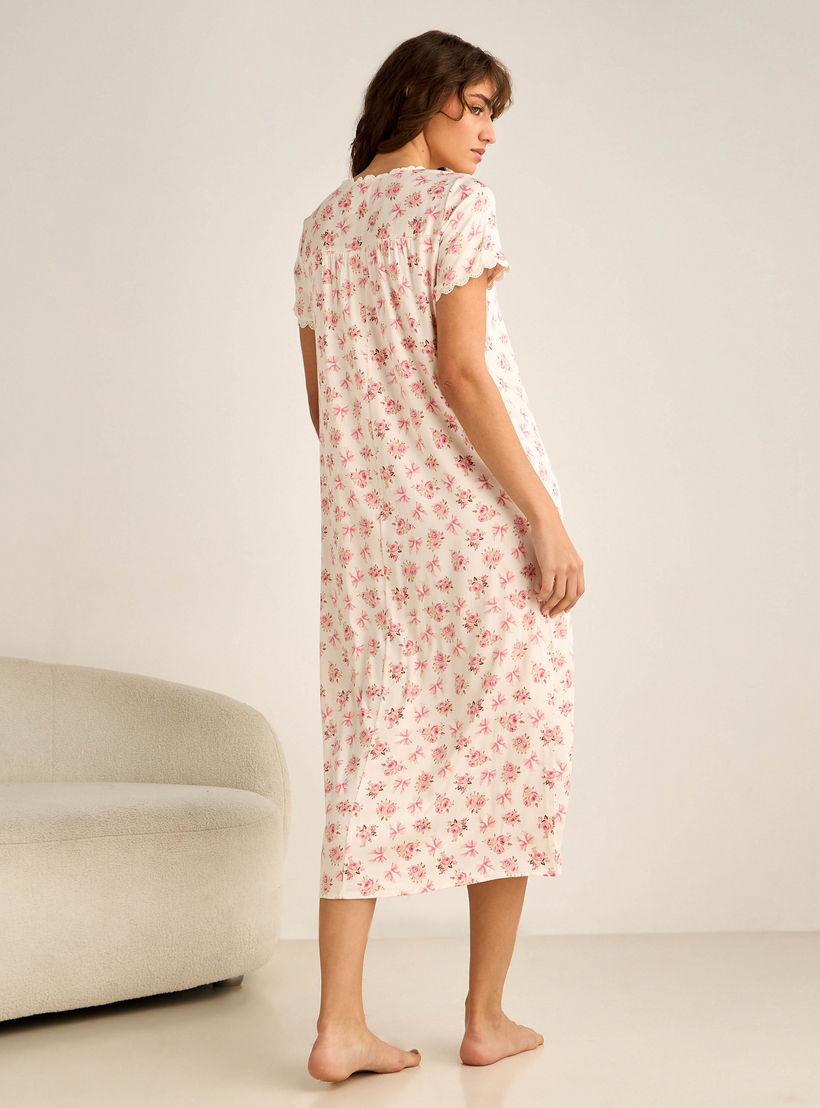 Night Dress Short Sleeves Floral Print Lace Detail-women-clothing-nightwear-nighties-image-2