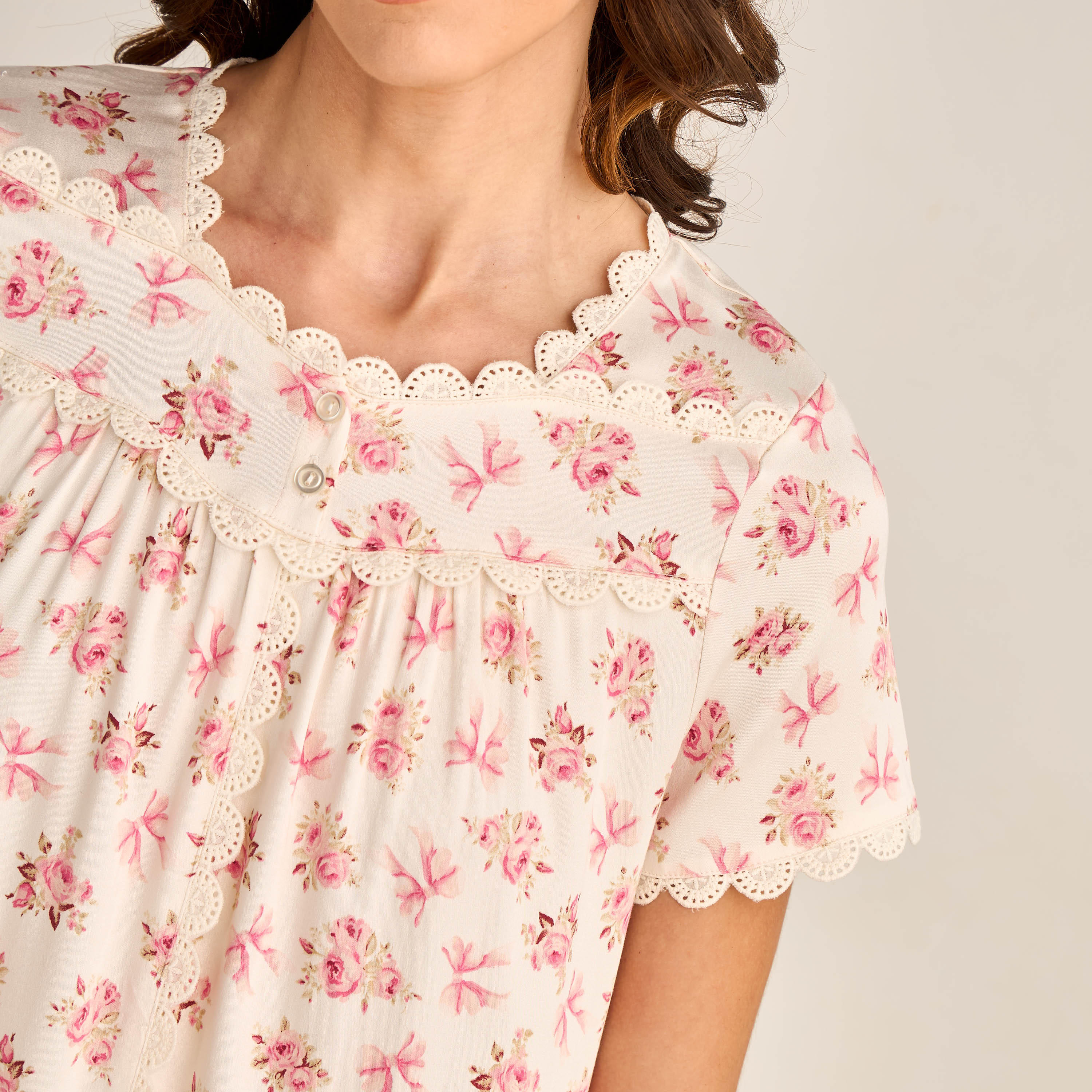 Night Dress Short Sleeves Floral Print Lace Detail-women-clothing-nightwear-nighties-image-3